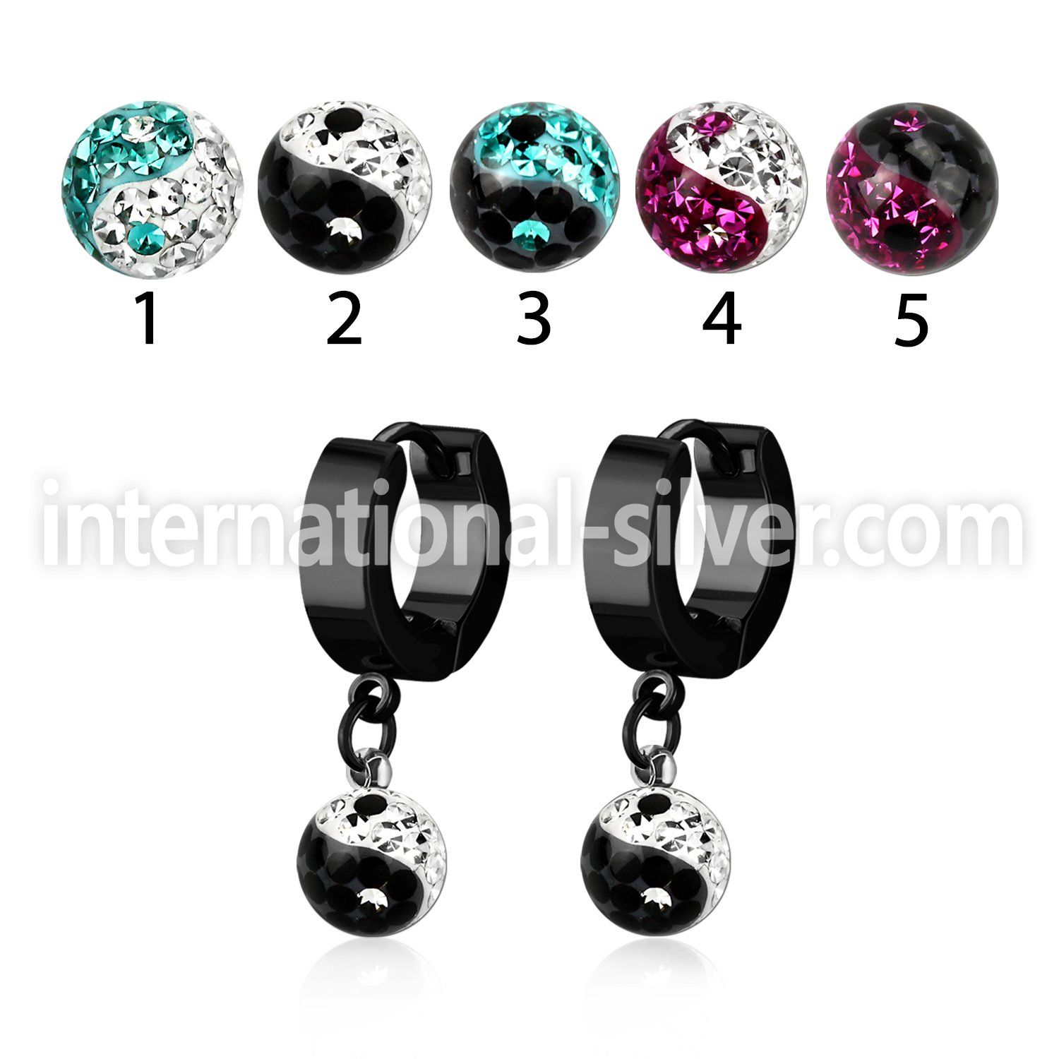 erkfry8 black steel huggie dangling ying yang multi crystal ball