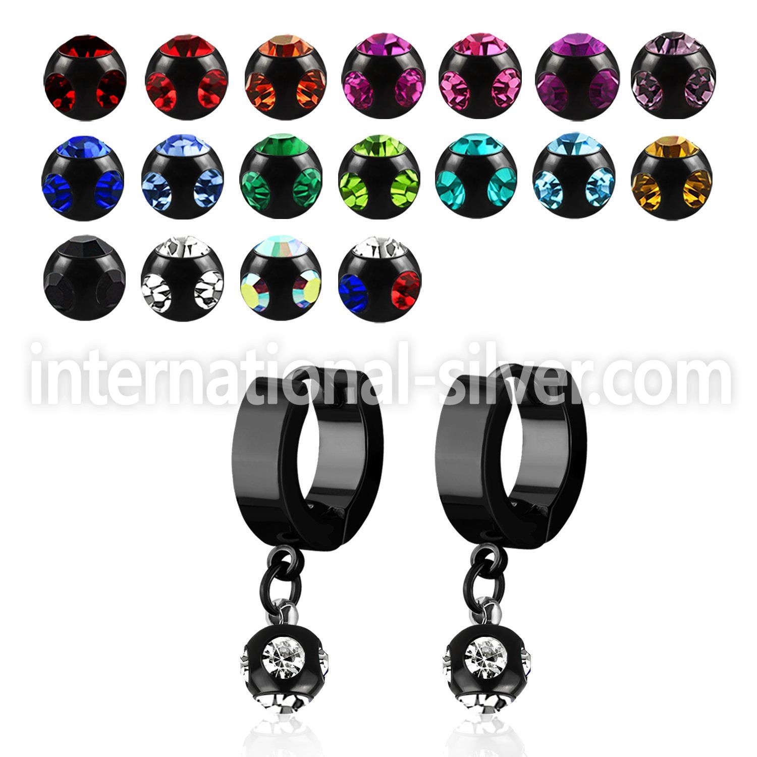 erkmjt6 black steel huggie dangling w mulit jewel ball