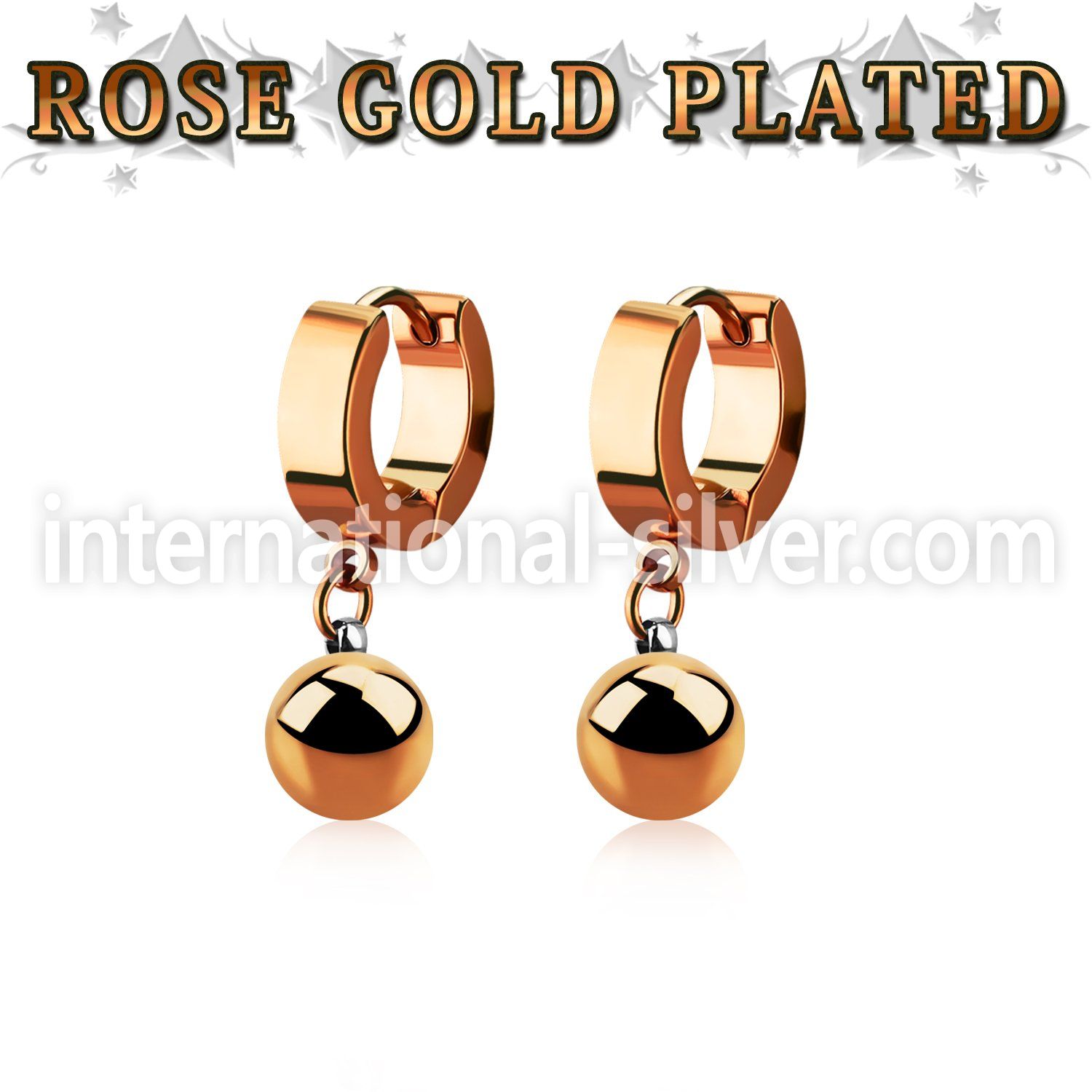 errbt8 rose gold steel huggies earrings w dangling 8mm ball