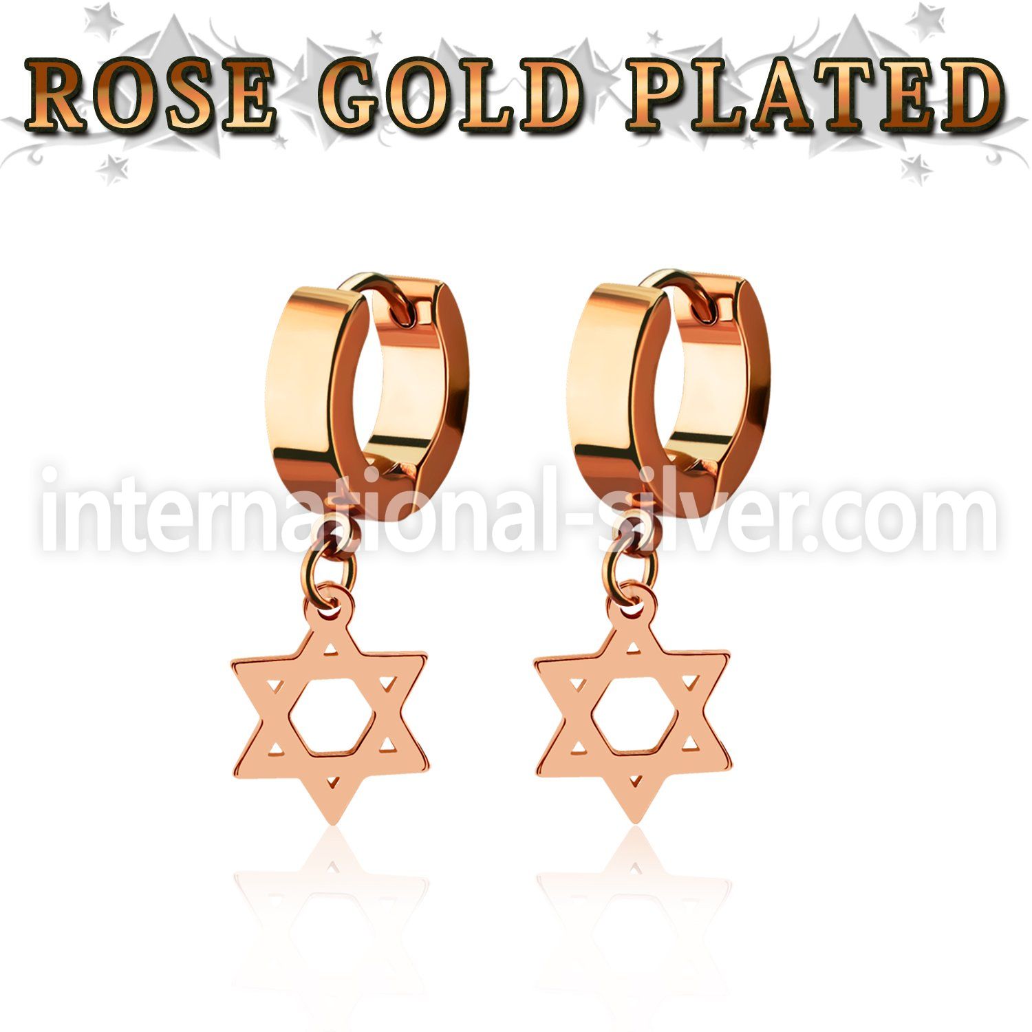 errdsr rose gold steel huggies earrings w dangling david star