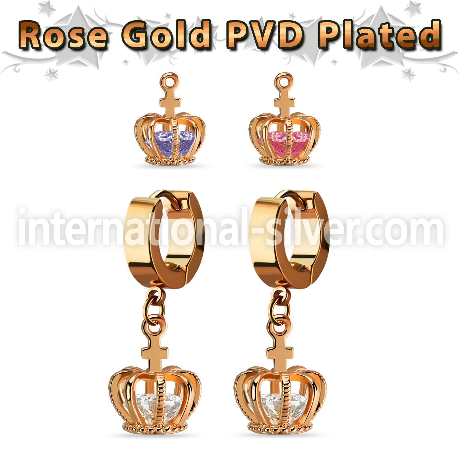errz590 rose gold stainless steel huggie w dangling crown w cz