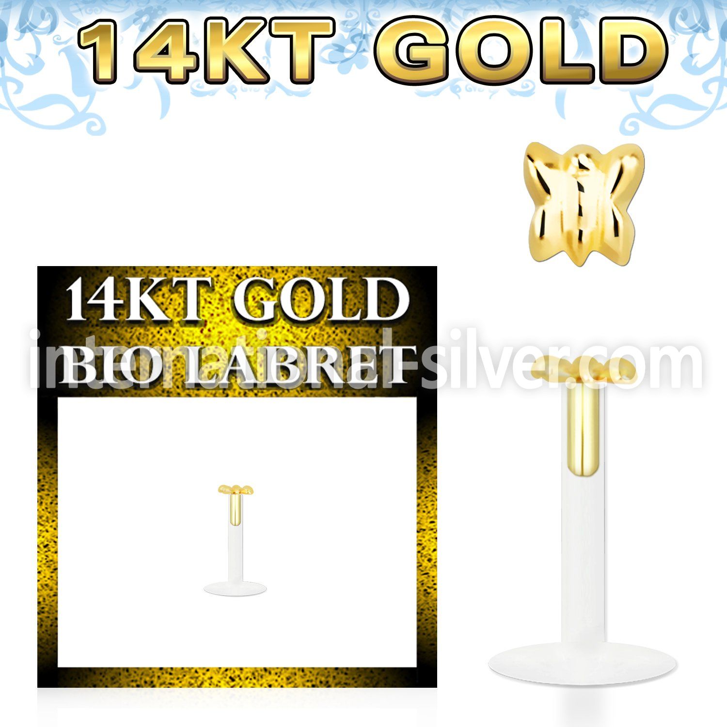 gbibt bio flex labret w 14kt gold clasic butterfly shaped top