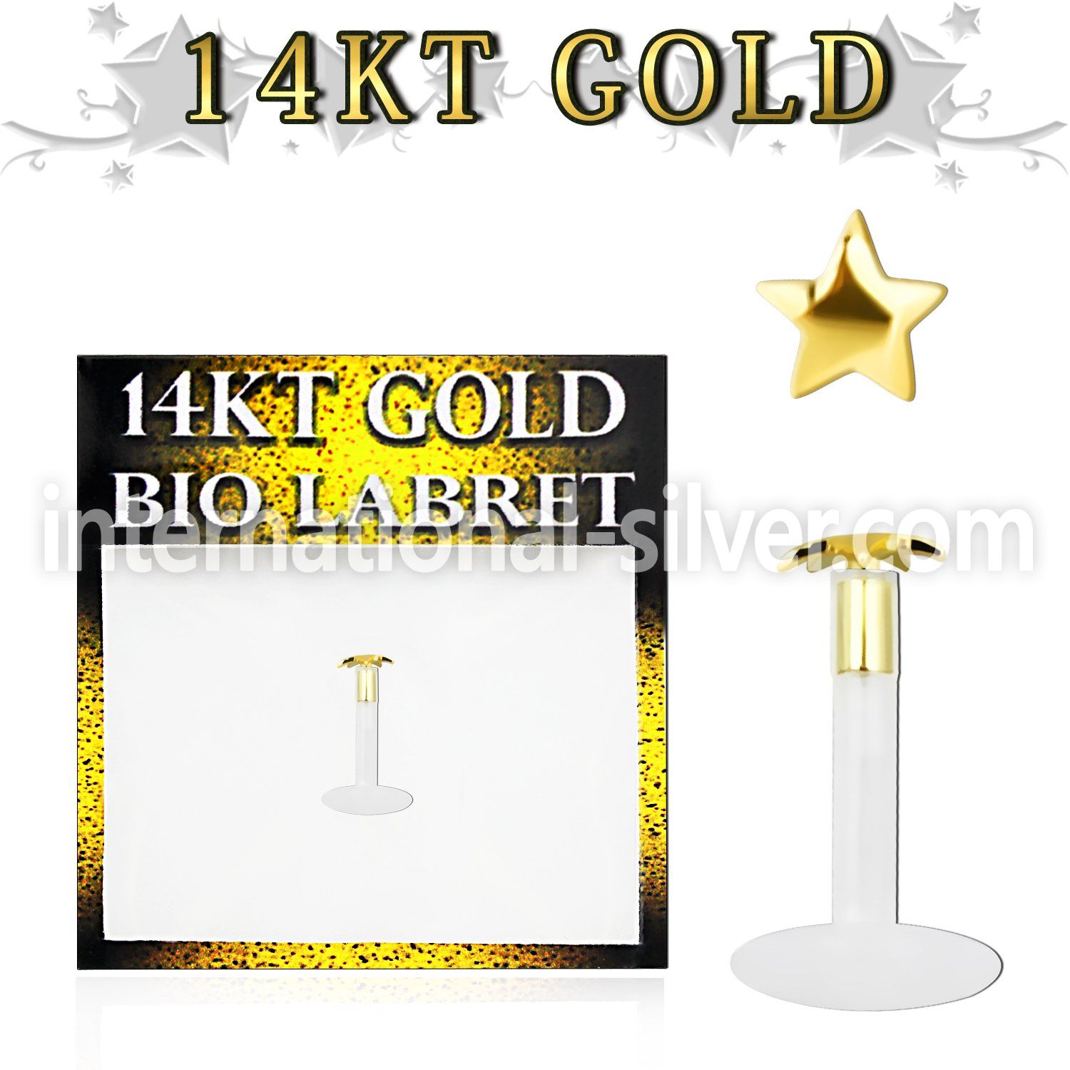 gbist clear bioflex labret with push in 14kt gold star top