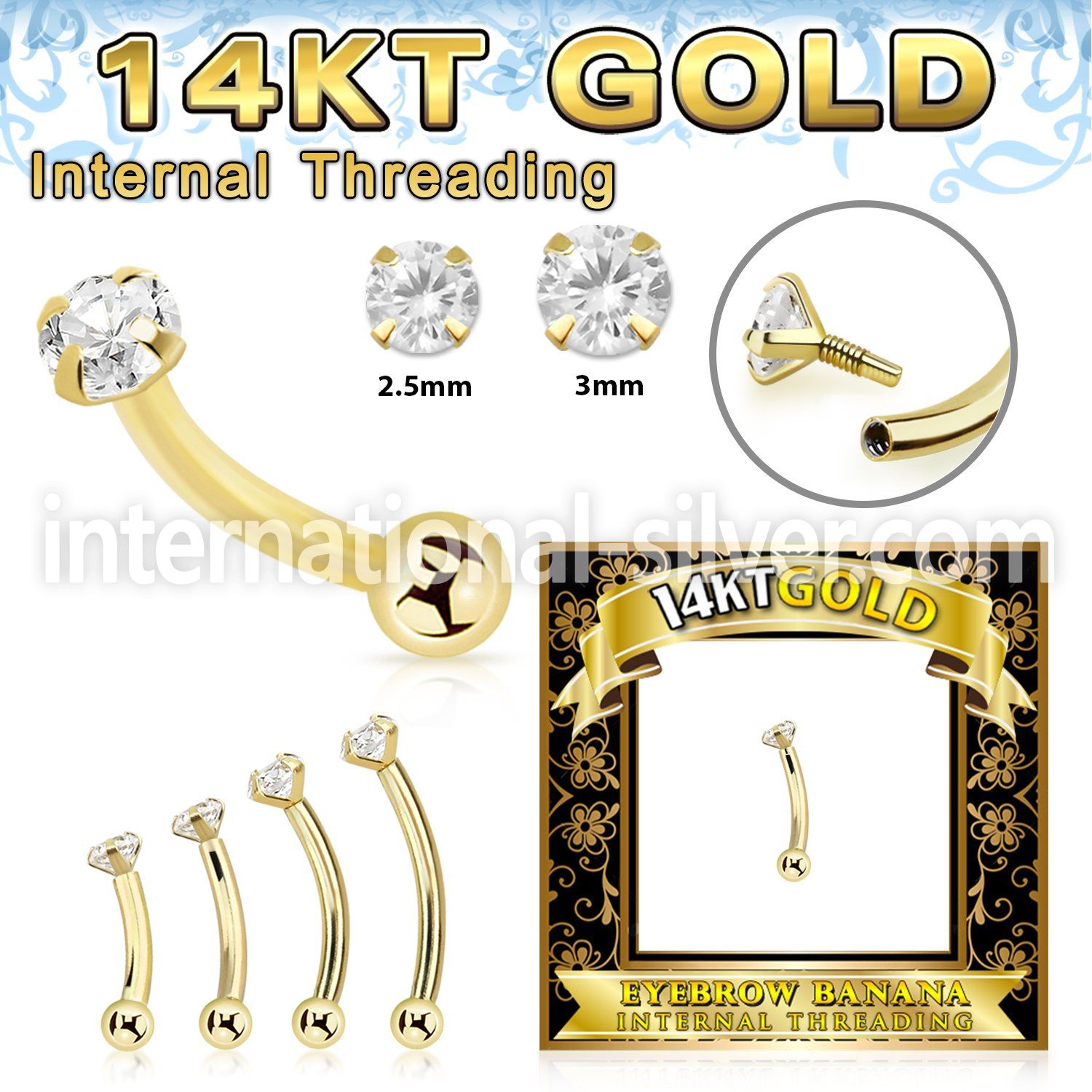 gbnbzi 14 karat gold curved barbell 16g cz ball internal