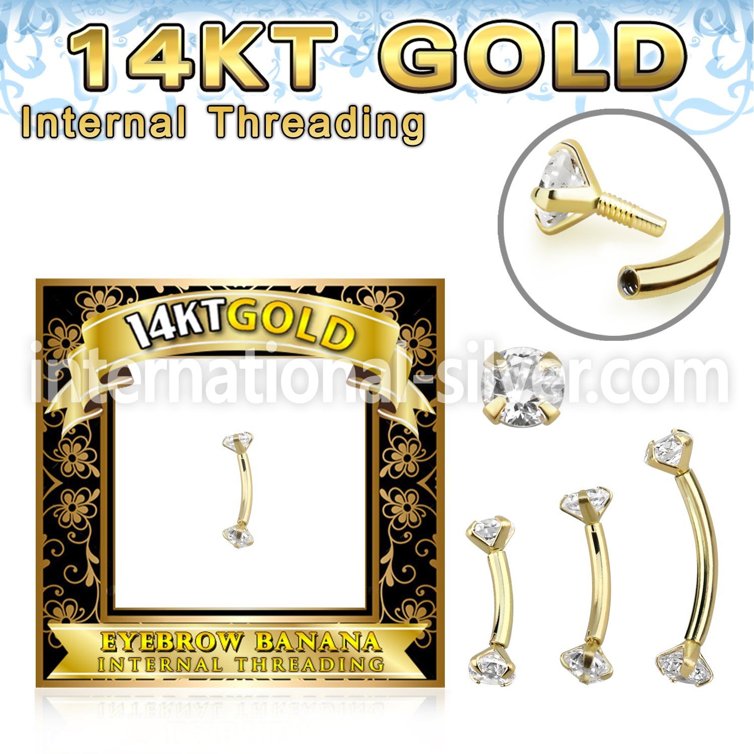 gbnzi 14kt yellow gold eyebrow curved barbell cz internal