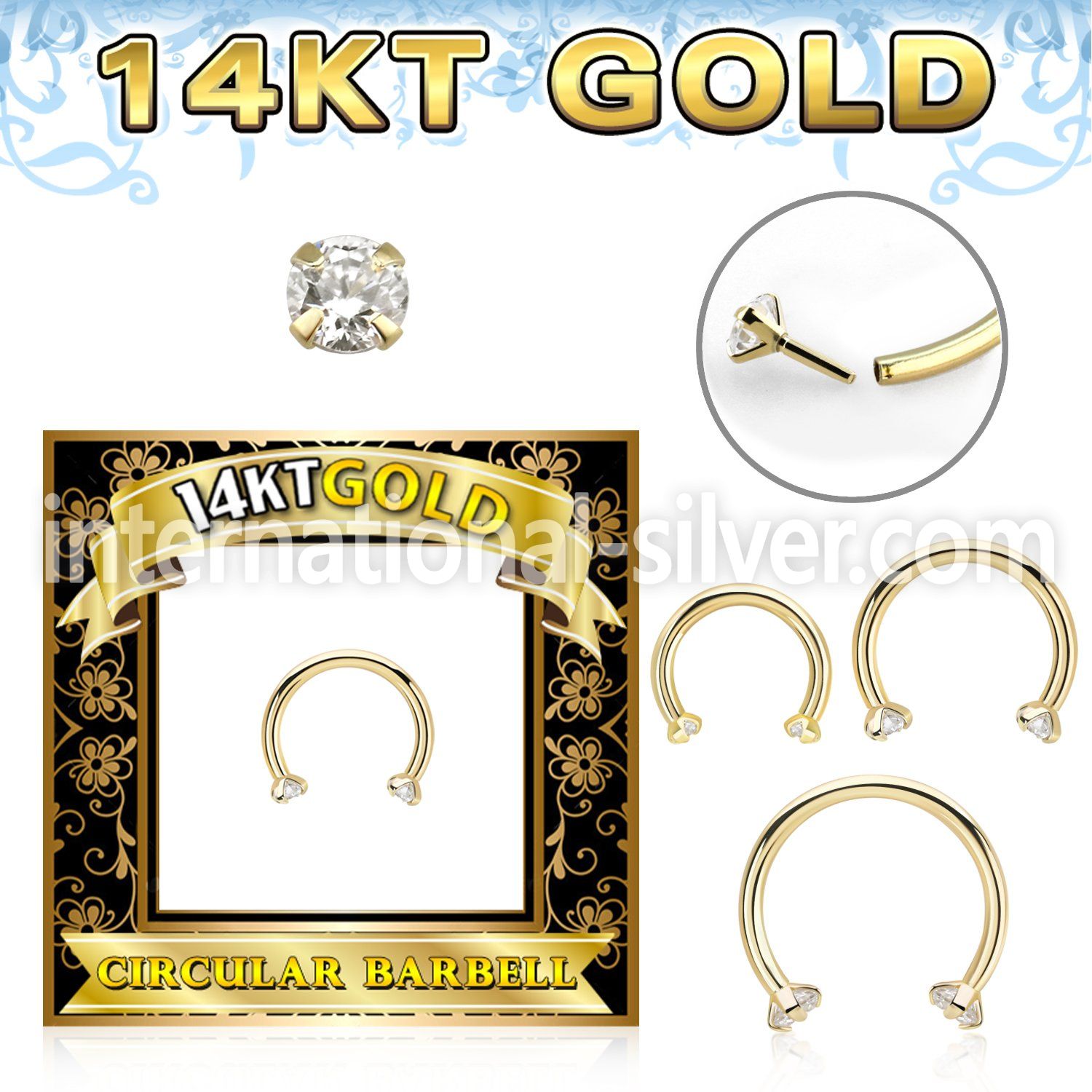 gcbz 14karat yellow gold horseshoe 16g threadless push in cz