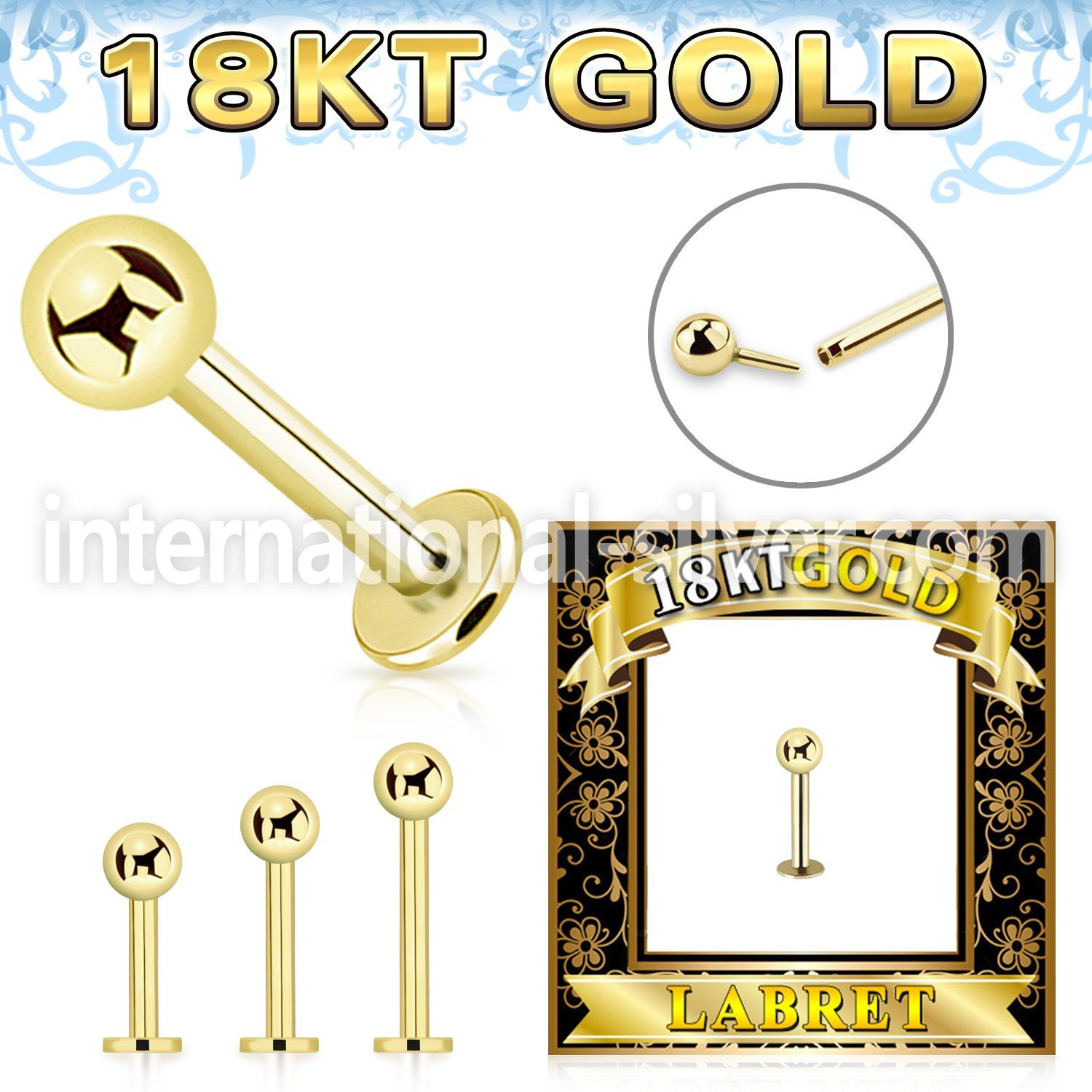 gglbb3 18 k gold threadless push in labret stud 16g 3mm ball