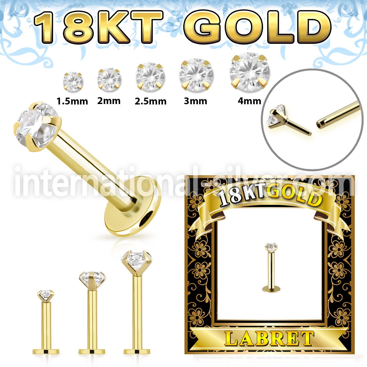 gglbz 18 k gold threadless push in labret stud 16g cz