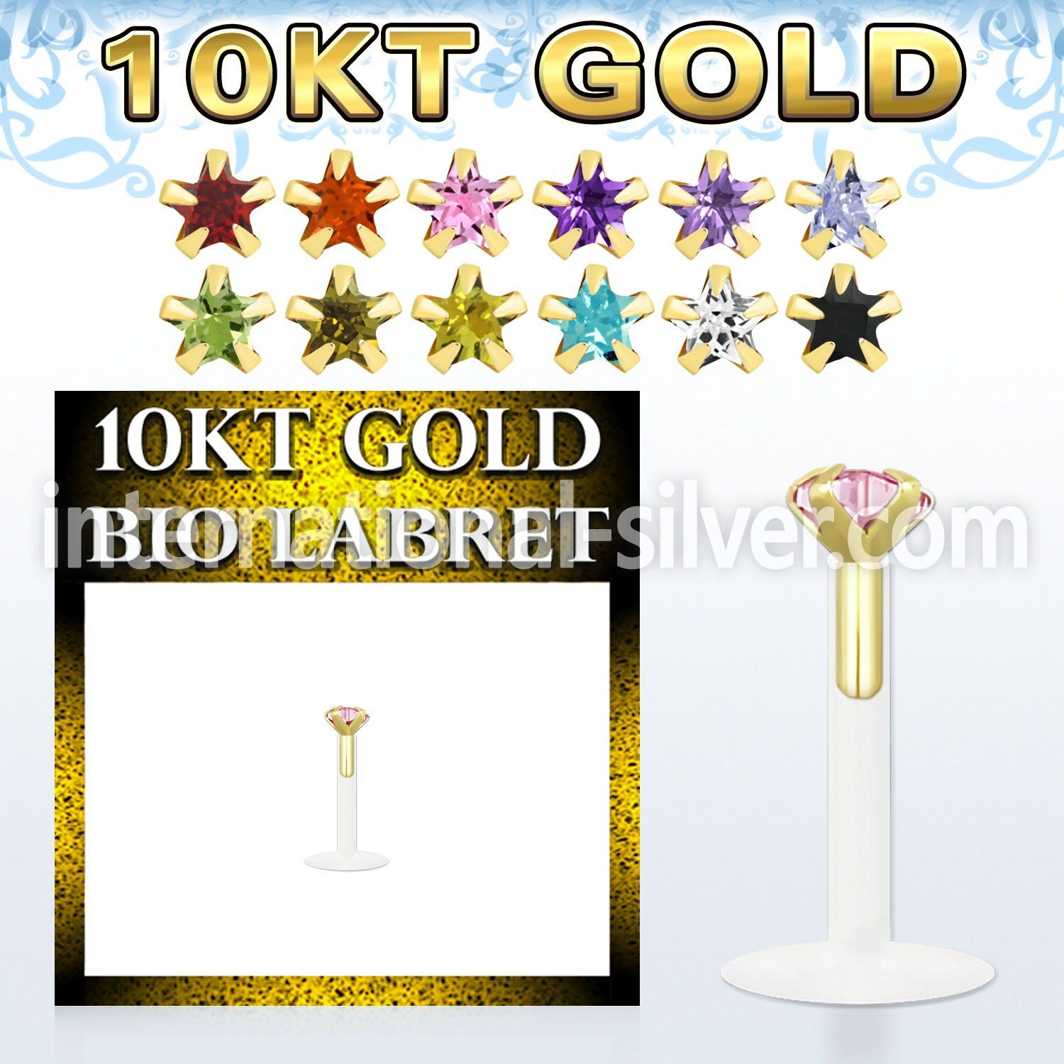 gibizsm bioflex labret with push in gold top w star prong cz