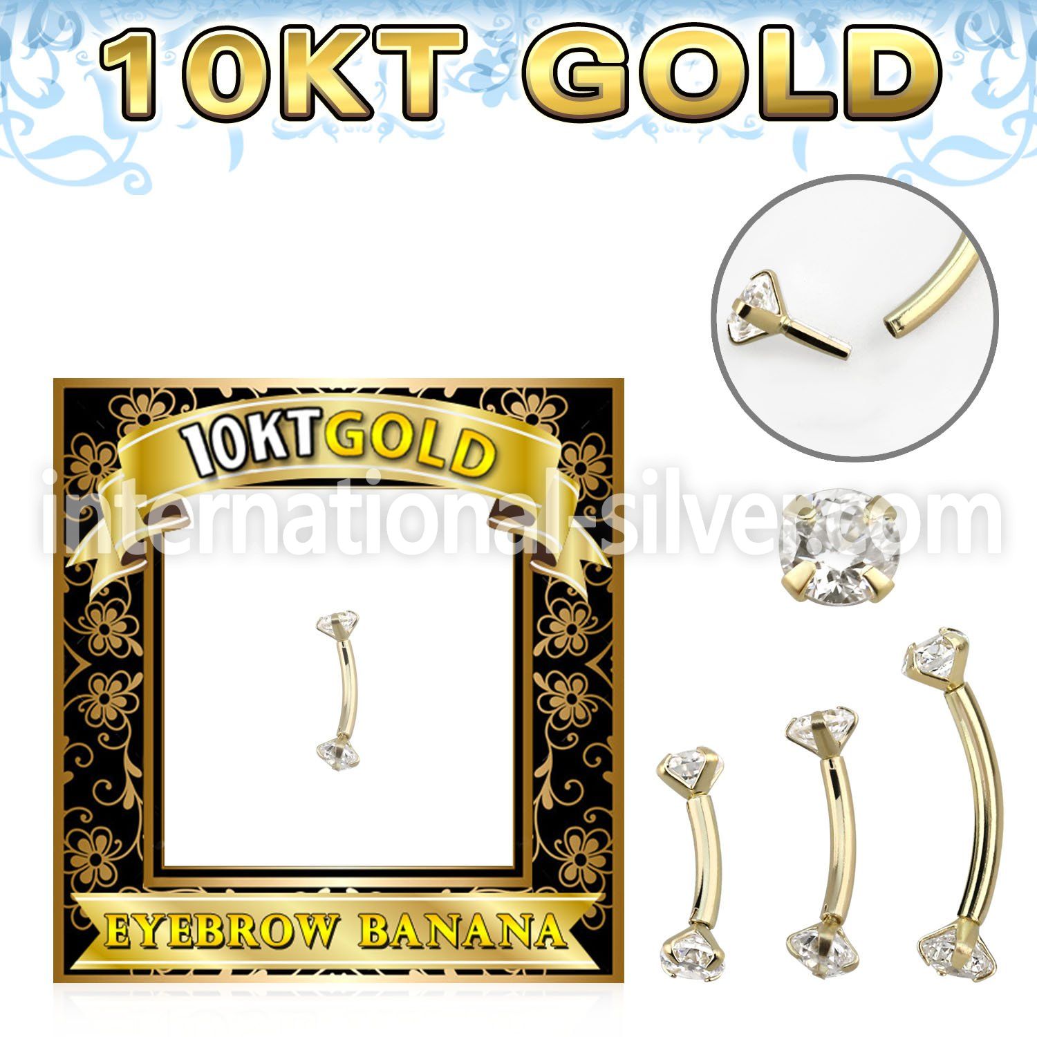 gibnz 10k gold eyebrow banana w thread less top w cz stones
