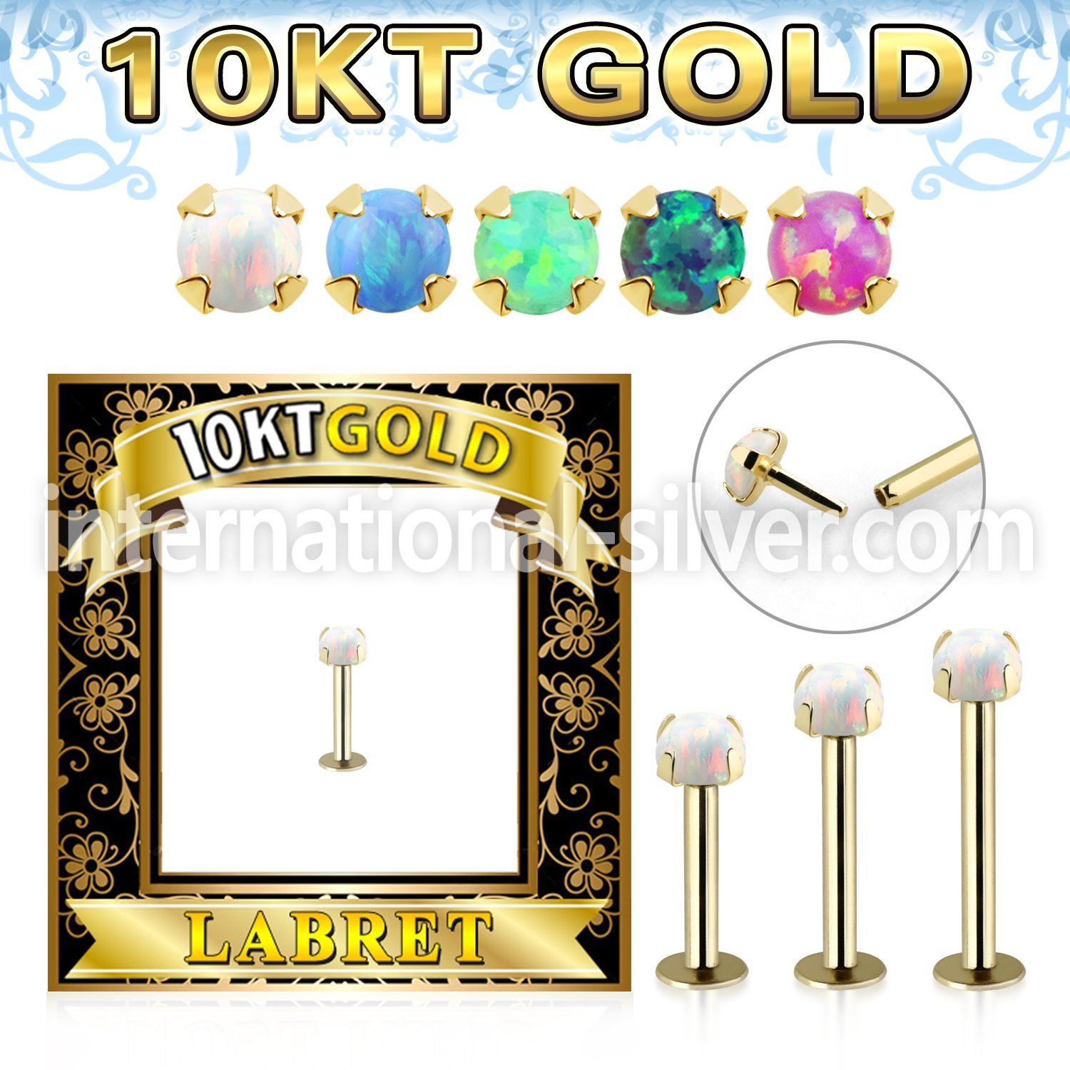 gilbo 10k gold labret w thread less top w synthetic opal