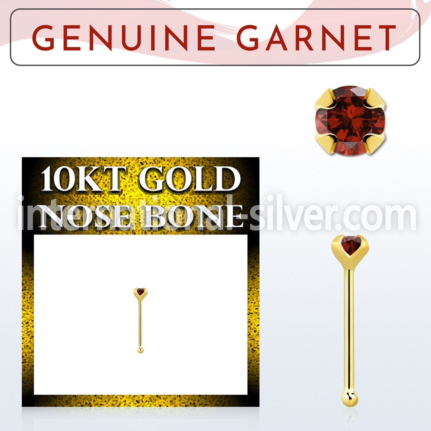 ginbge2 10kt gold nose bone with a 2mm prong set garnet