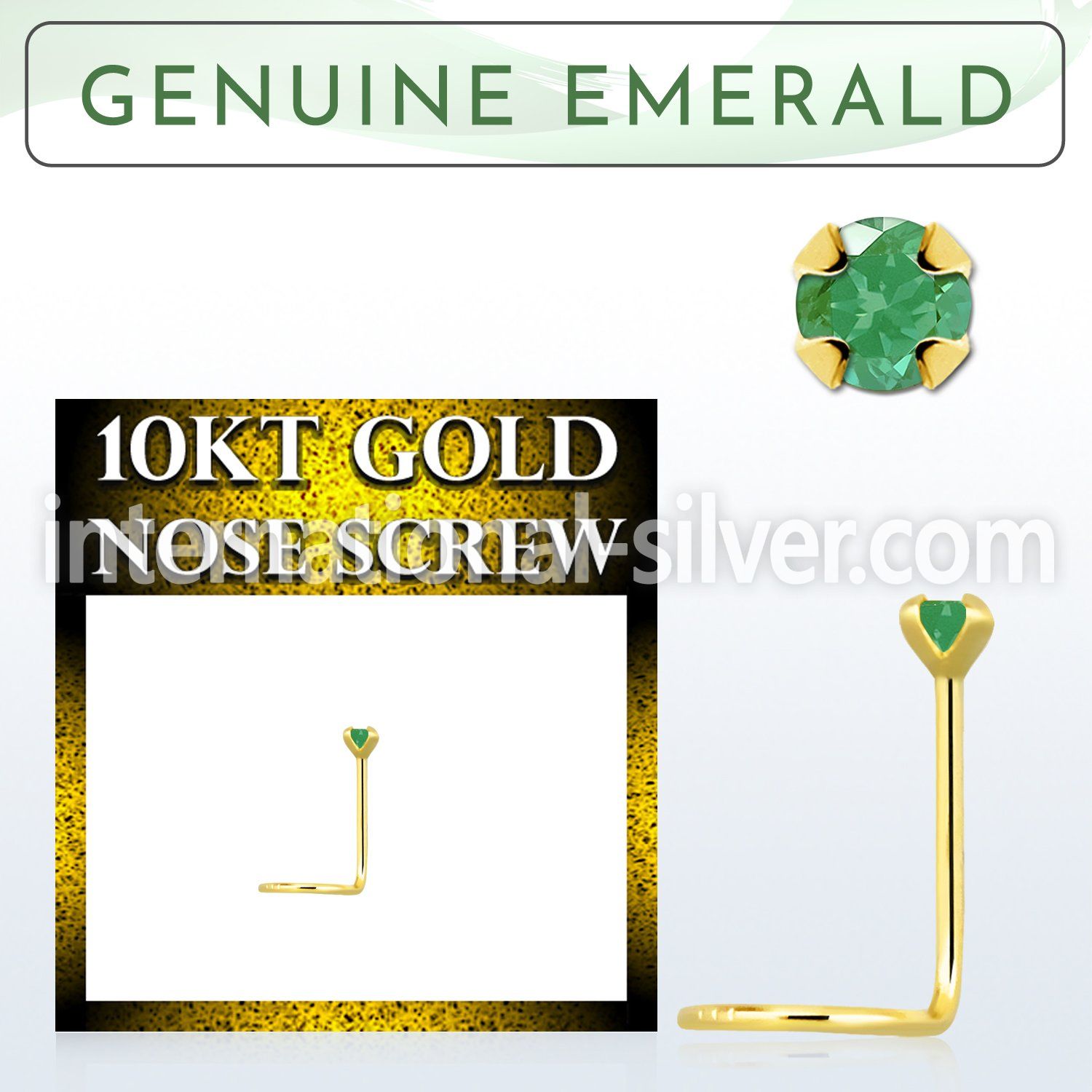 giscge10 10kt gold nose screw with a 2mm prong set emerald stone