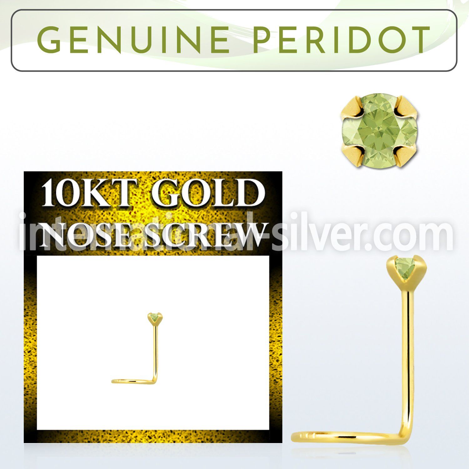 giscge4 10kt gold nose screw with a 2mm prong set peridot stone