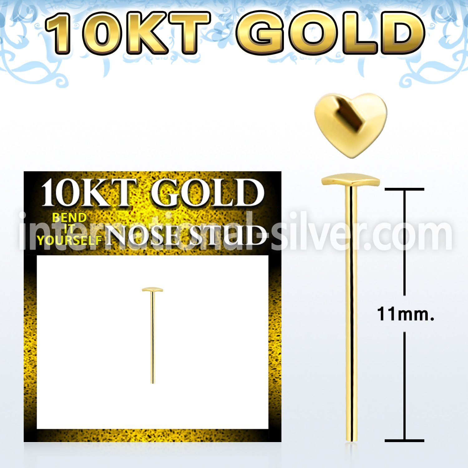 giysht 10kt gold bend it nose stud with 2.5mm gold heart top