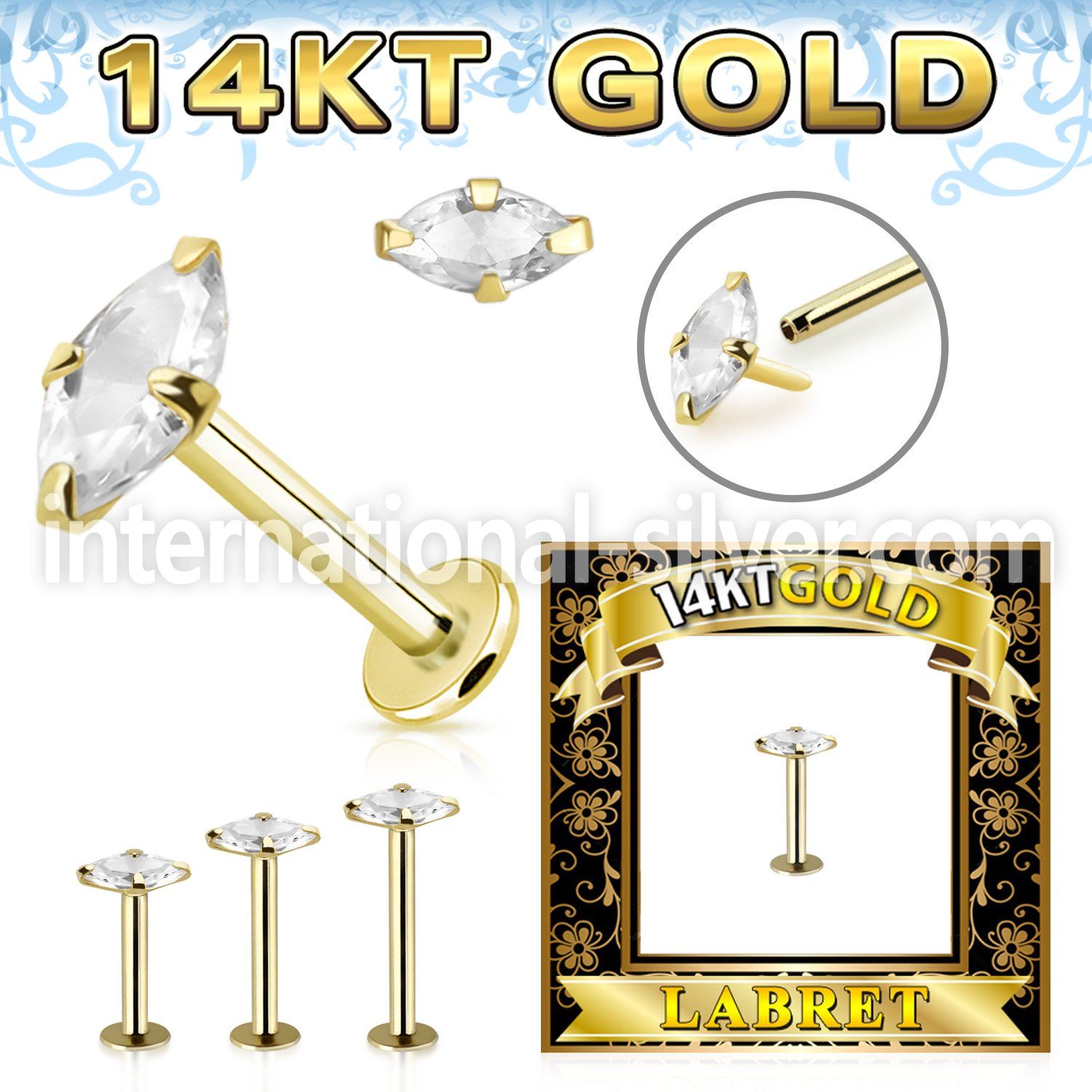 glbzmq 14karat gold labret stud prongset cz marquise