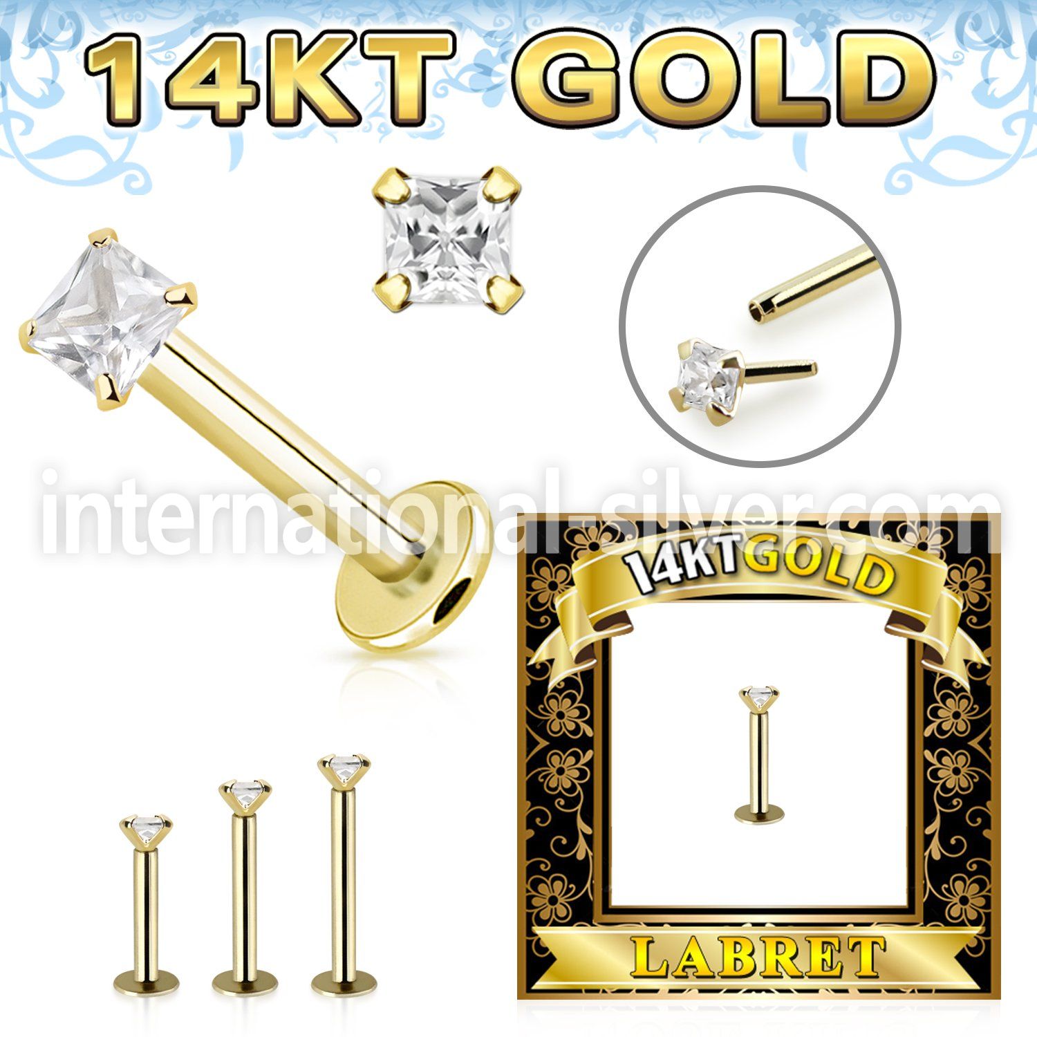 glbzq 14karat gold labret 3mm prong set square cubic zirconia stone