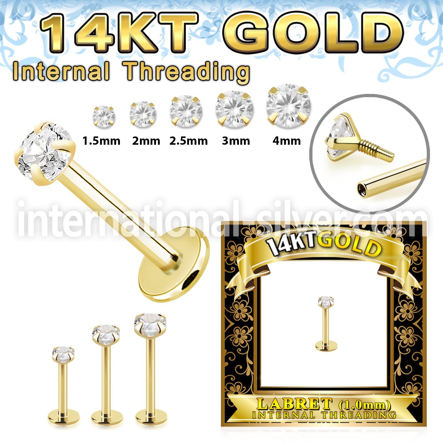 glbzxi 14 karat yellow gold labret stud 18g cz internal