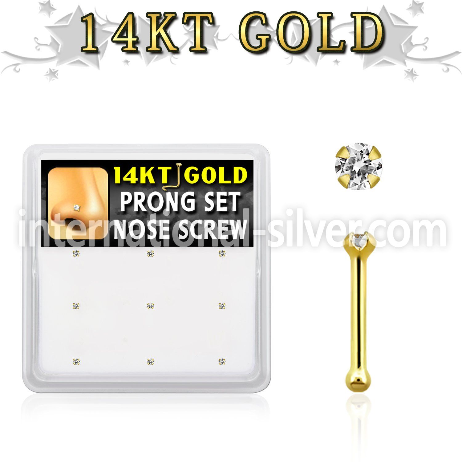 gnb2x box w 14kt gold nose bone 20g w 1.5mm set clear cz 