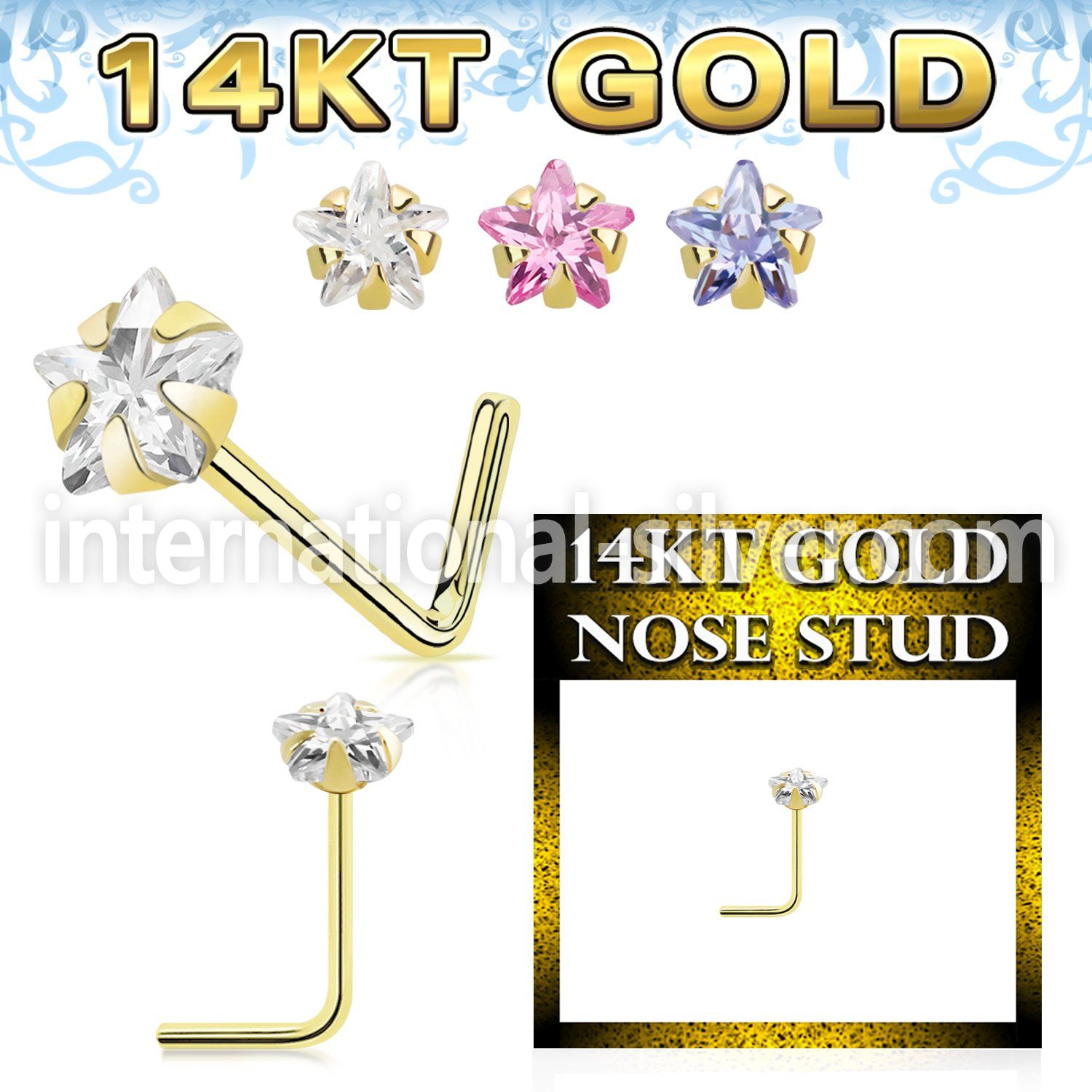 gnssrm1 14 karat gold l shaped nose stud 22g star color cz