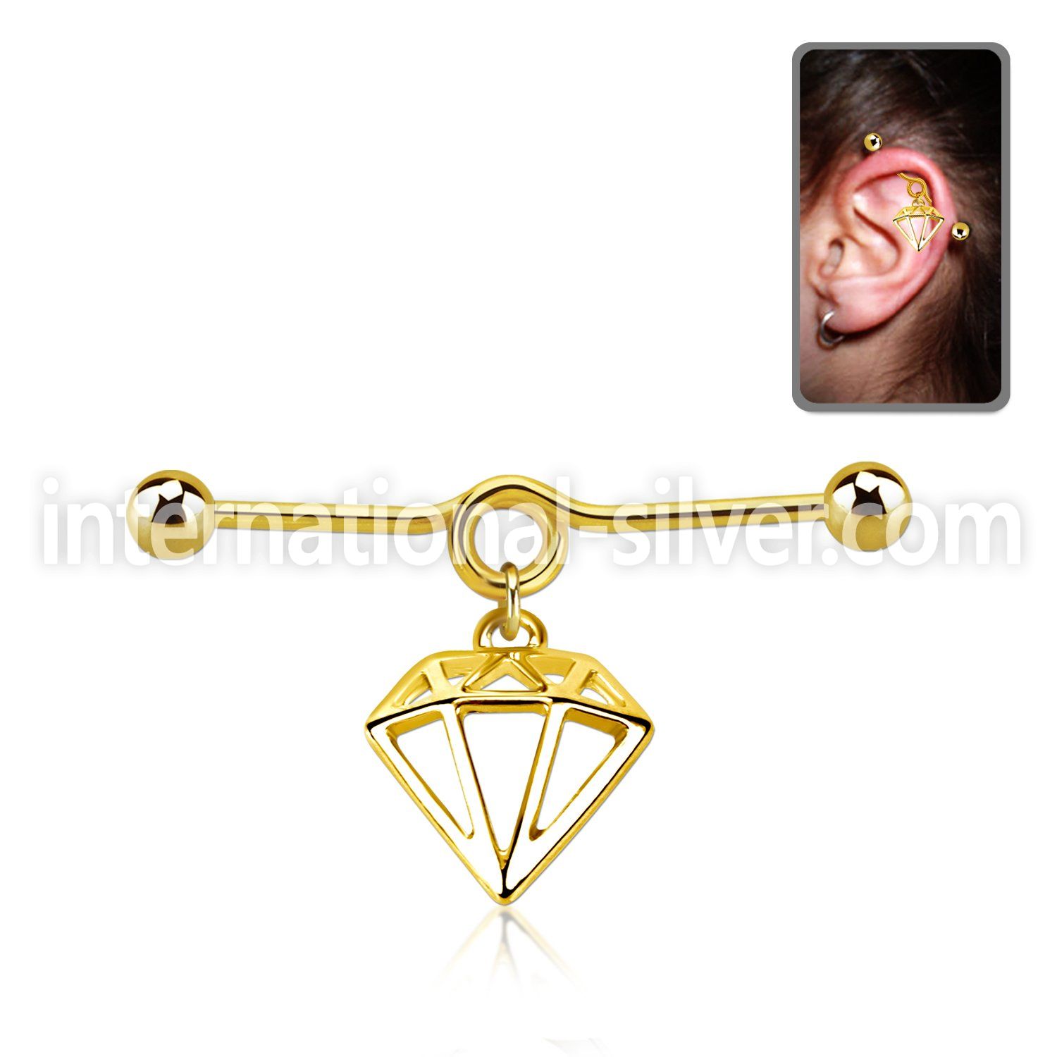 gold plated steel industrial loop barbell w diamond 