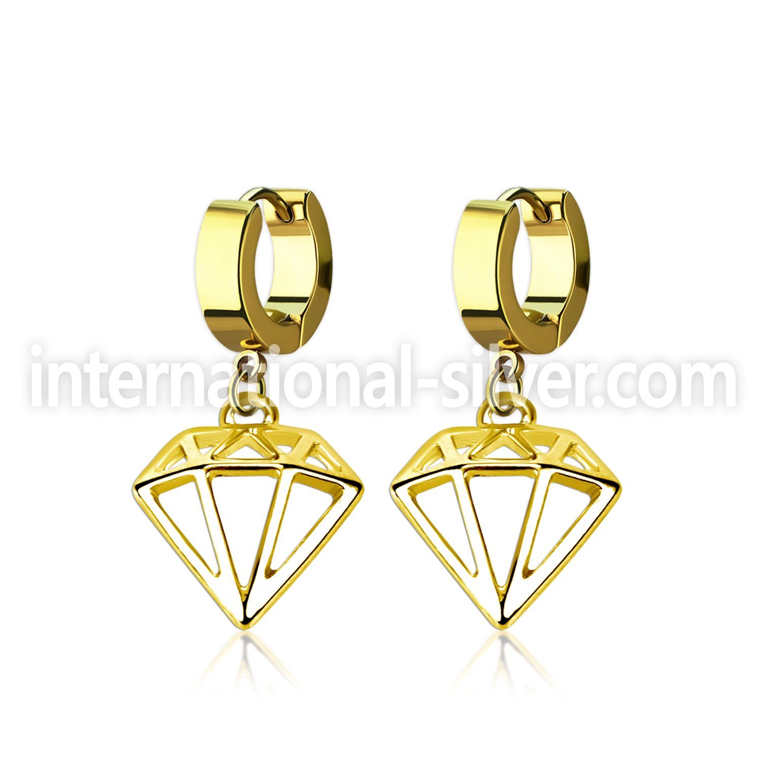 gold pvd plated steel huggies w diamond dangling 