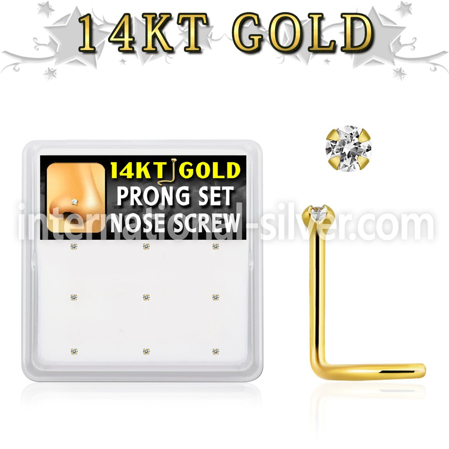 gsc2x box w 14kt gold nose screws, 20g w 1.5mm set clear cz 