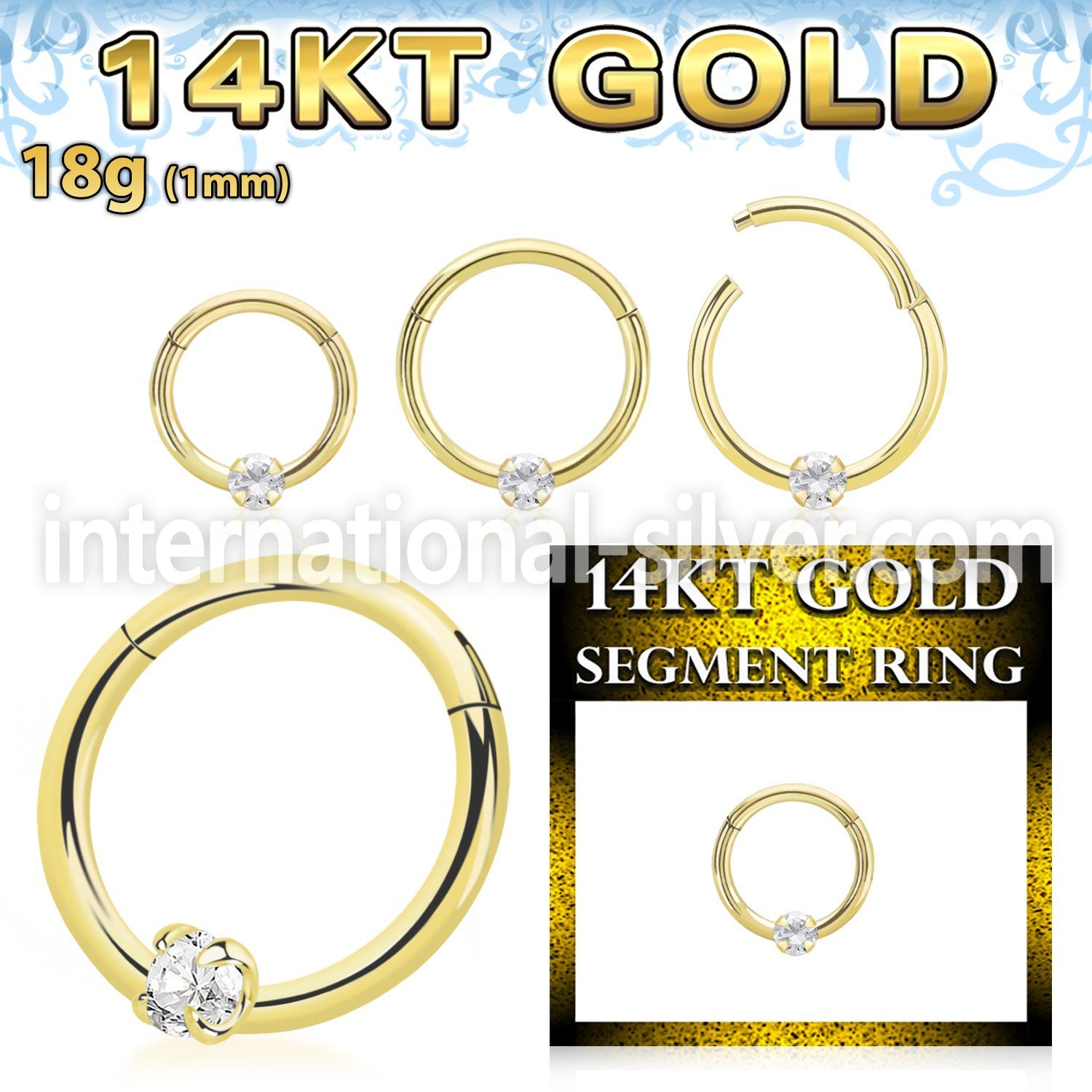 gsegh18z2 14 karat gold hinged segment hoop 18g prong set cz