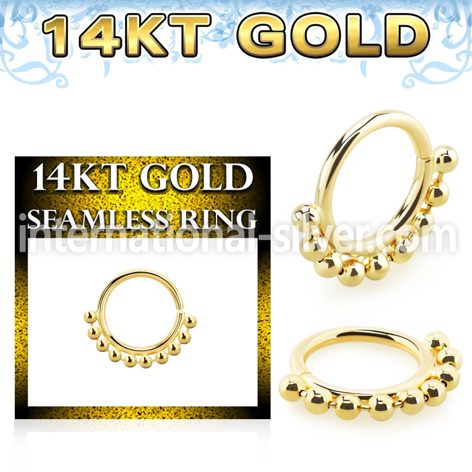 gspv18 14 karat gold seamless nose hoop 18g chain balls