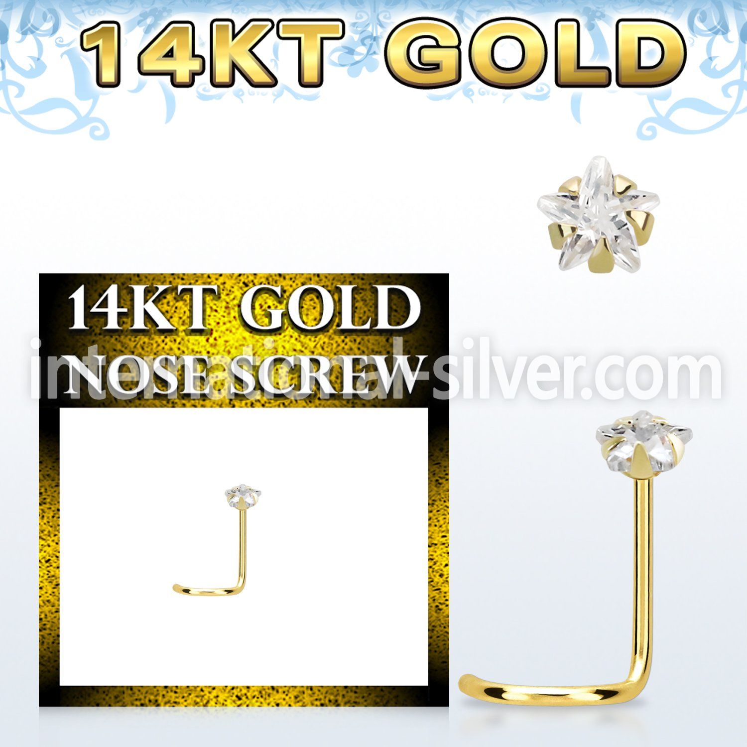 gszsrm1 14karat solid gold nose screw 3mm prong set star cubic zirconia stone