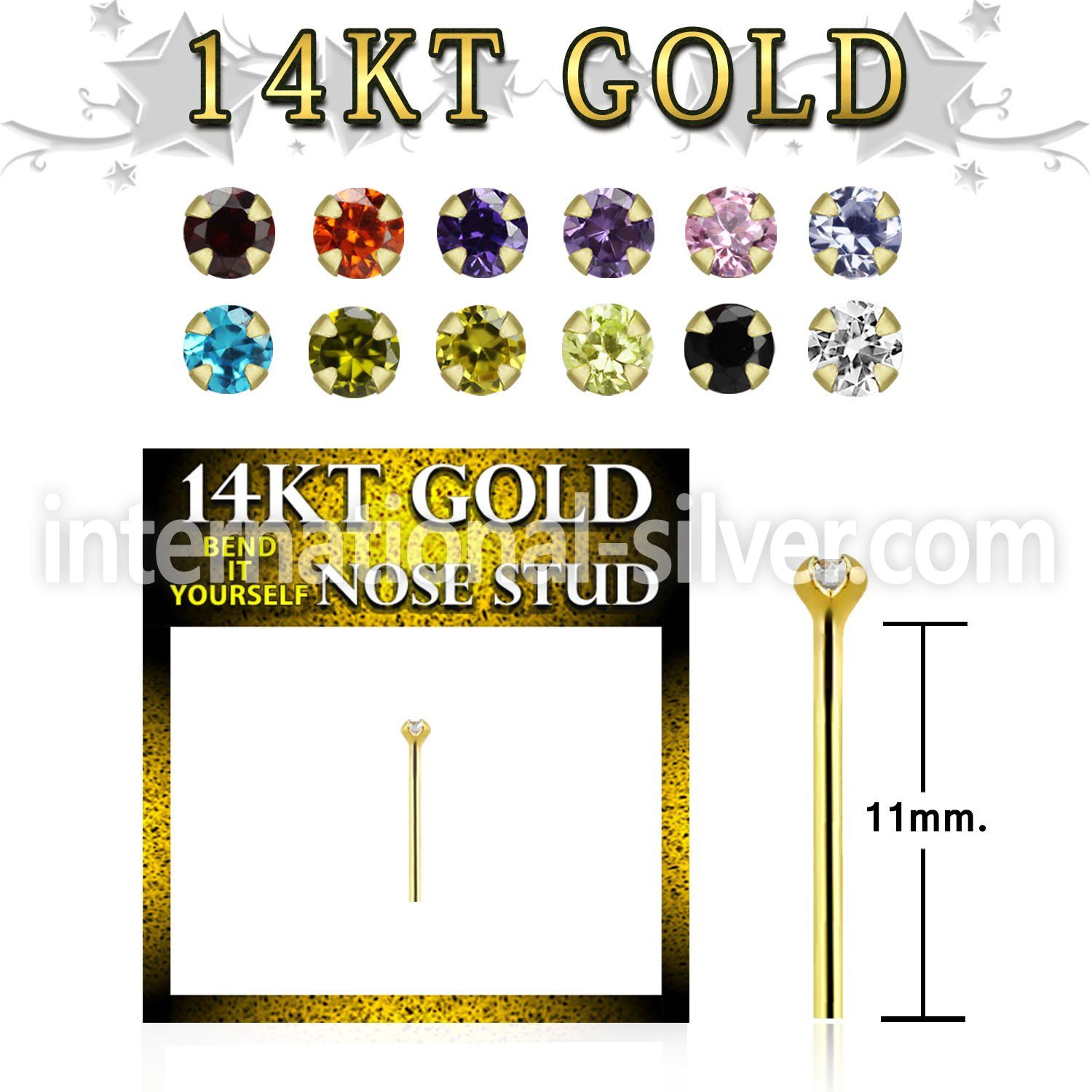 gyczm1b 14kt gold nose bend it nose stud, 20g w 1.5mm round cz
