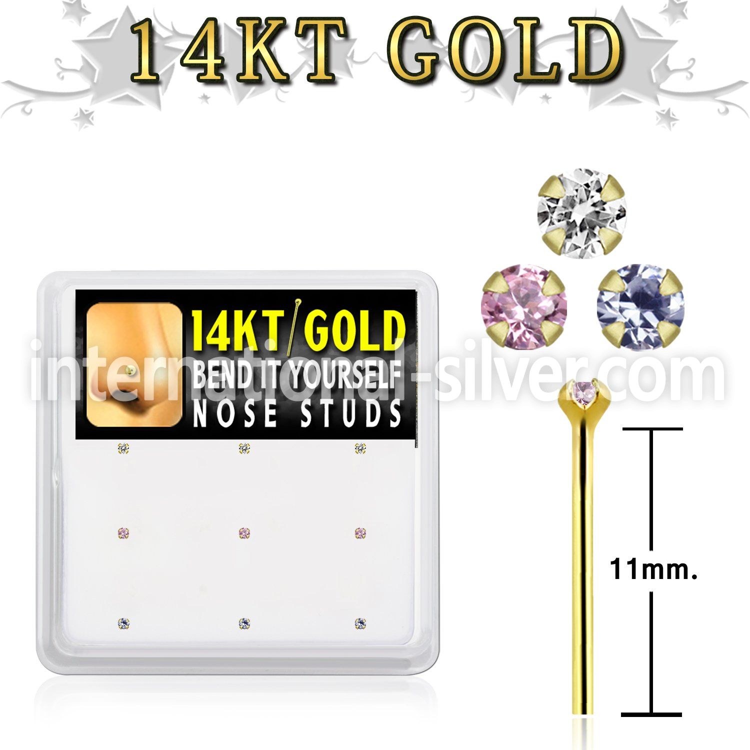 gys1x box 14kt gold bend it nose studs, 20g w 1.5mm czs 