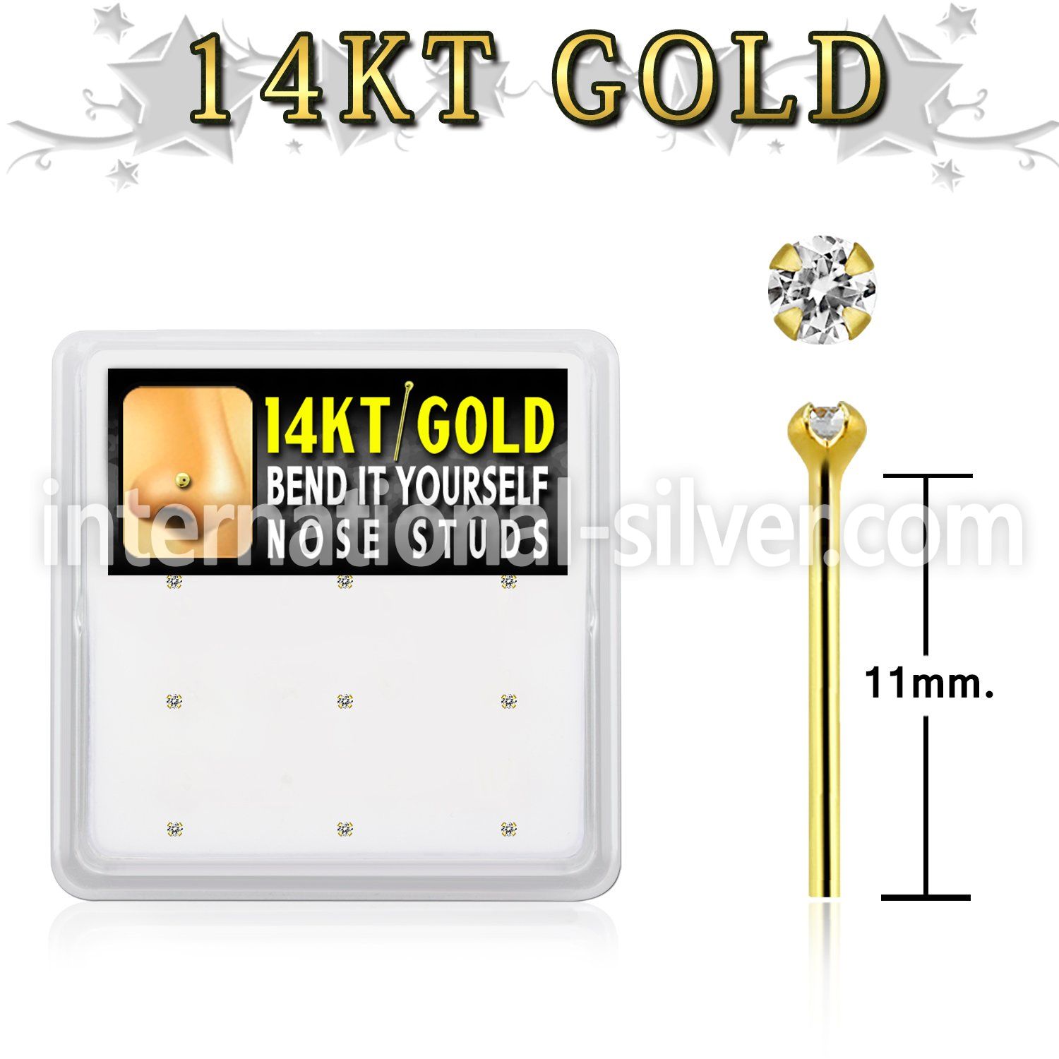 gys2x box 14kt gold bend it nose studs 20g w 1.5mm clear cz 