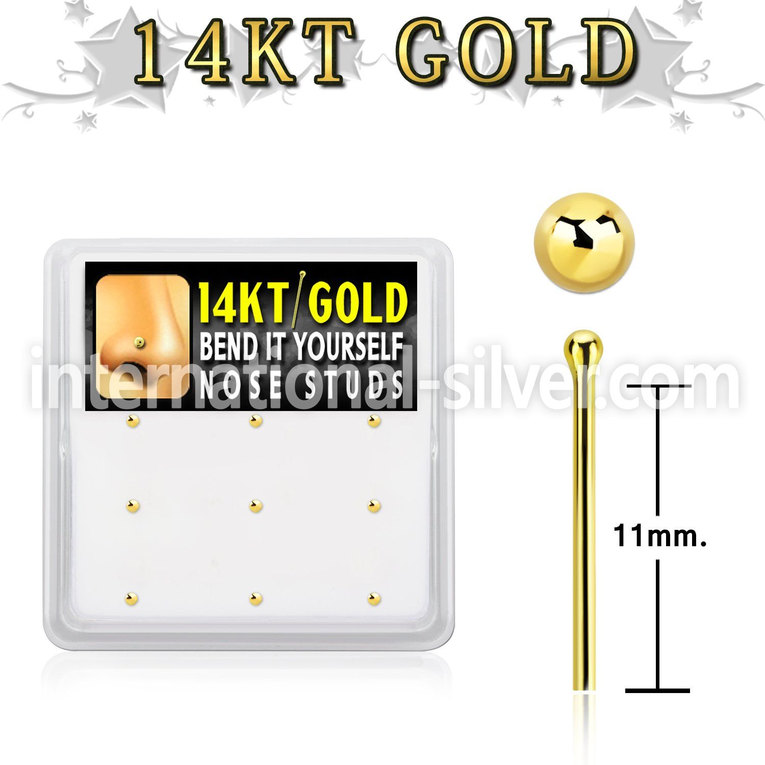 gys3x box w 14kt gold bend it nose stud 20g w 1.5mm ball top