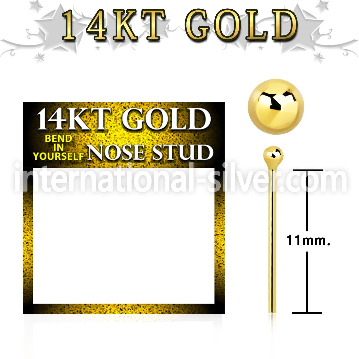 gysb1b 14kt gold nose bend it nose stud, 20g w 1.5mm ball top