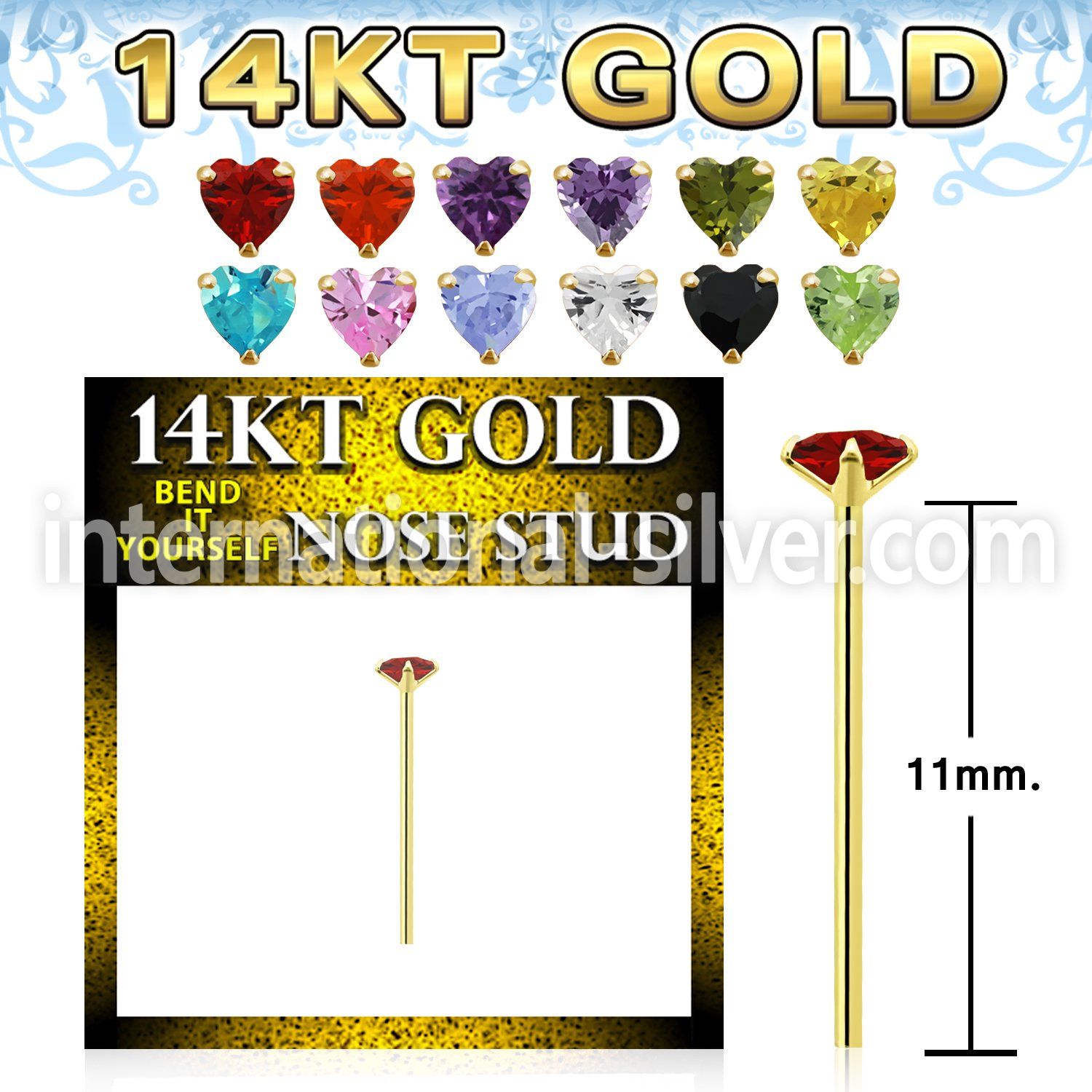 gyzhm1 14 karat gold bend it to fit nose stud heart color cz