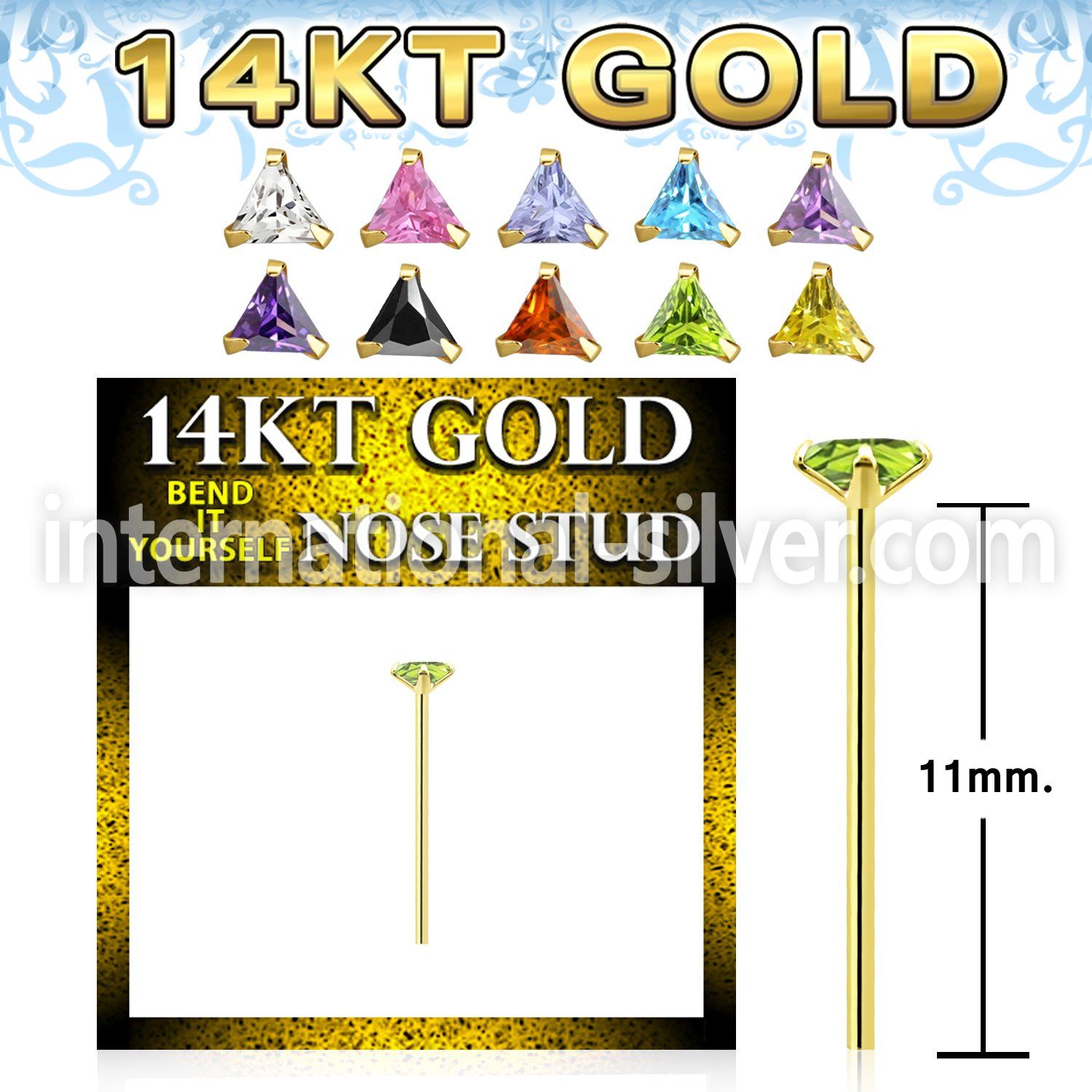 gyztm1 14 karat gold bend it to fit nose stud triangle cz