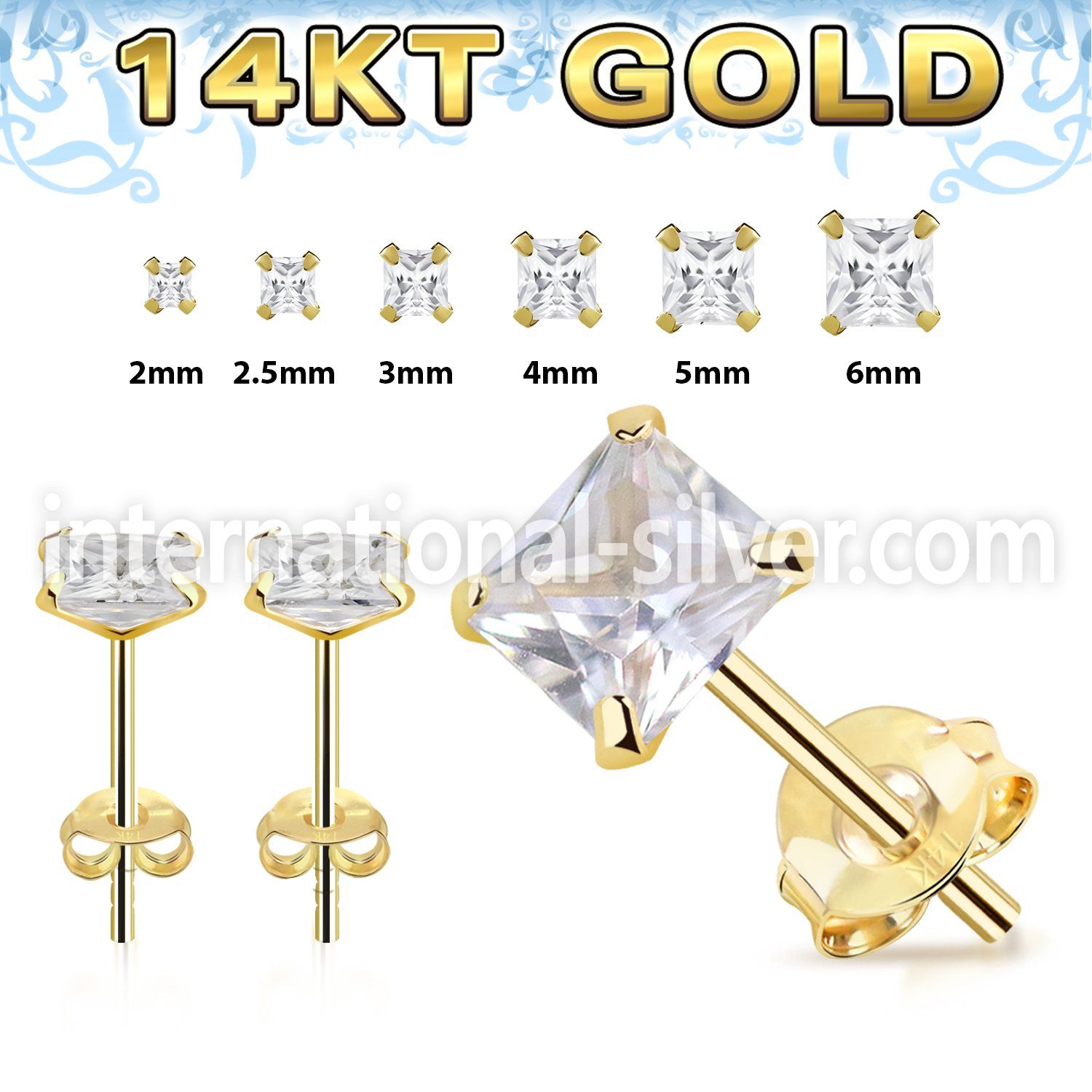 gzq 1 pair 14k yellow gold earring studs square prong cz