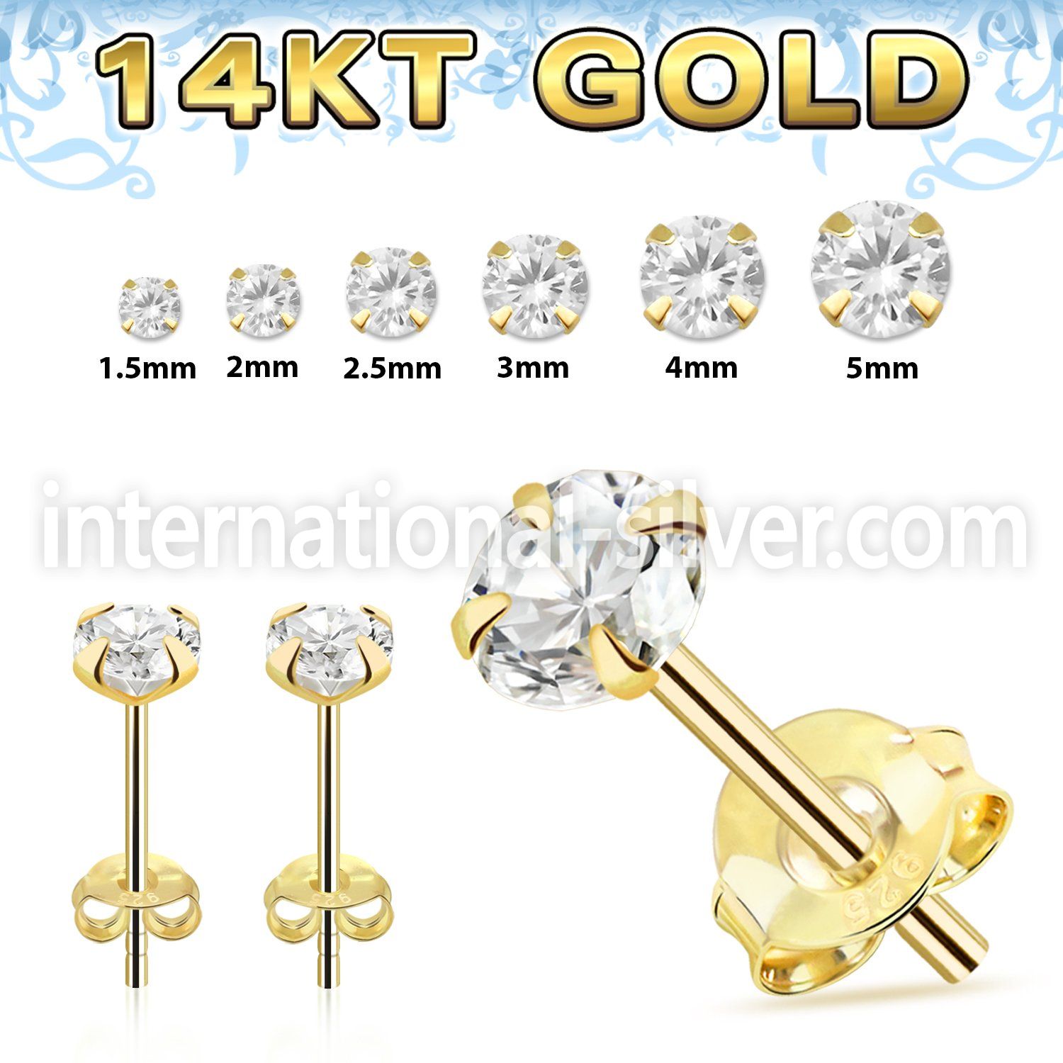 gzr 1pair 14 karat yellow gold ear studs cz