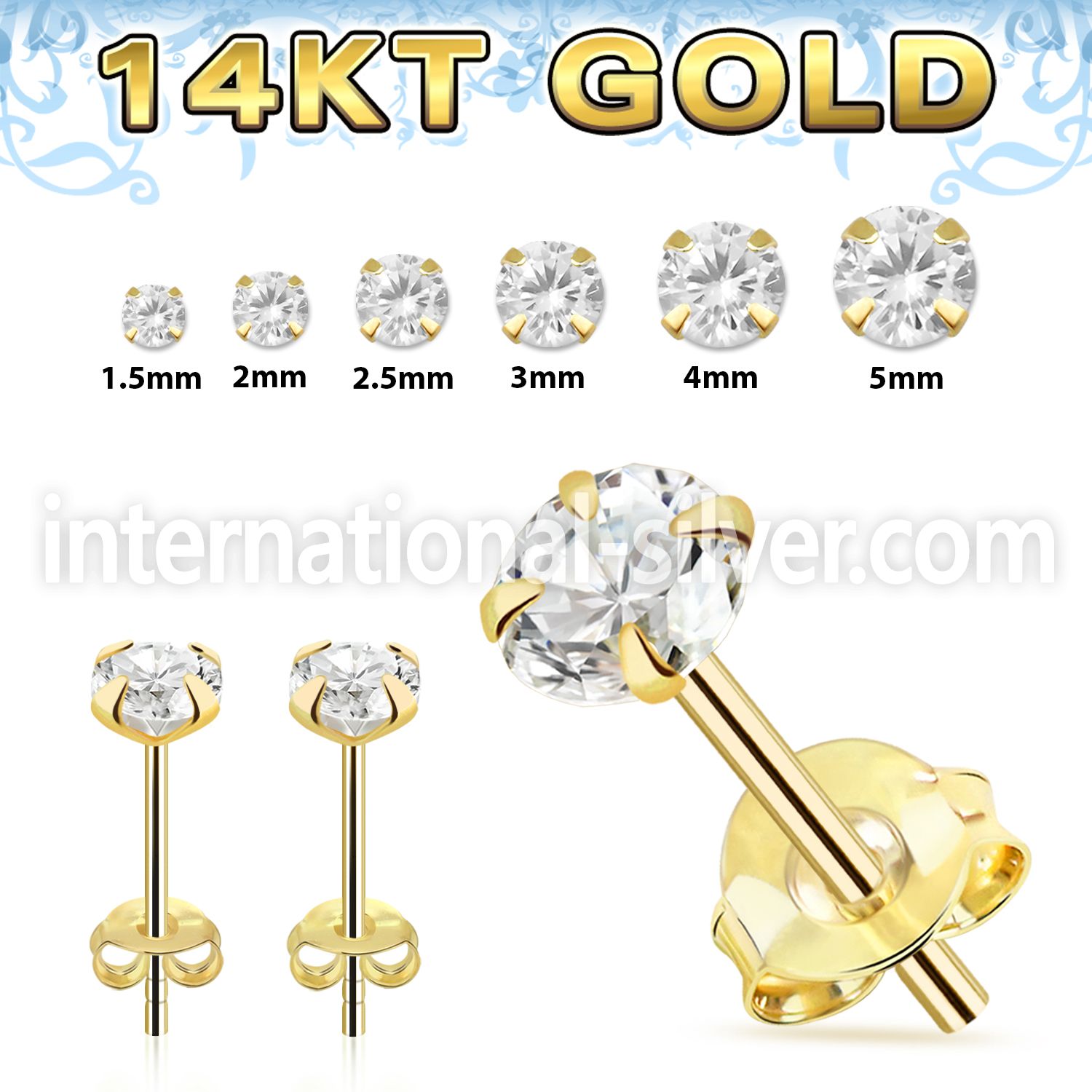 gzr 1pair 14 karat yellow gold ear studs cz