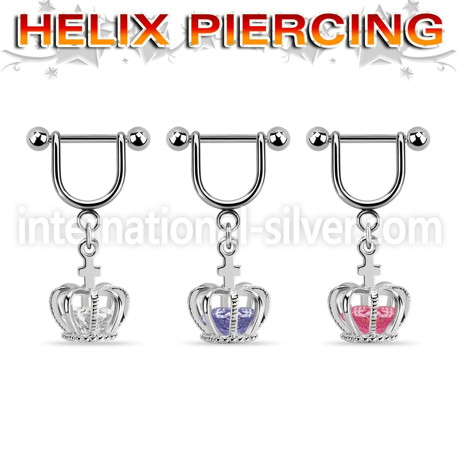 heuz12 316l steel helix stirrup w dangling crown w cz inside