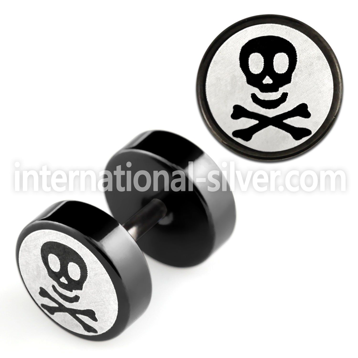 ipls2 black 316l steel fake plug w laser edged skull bones