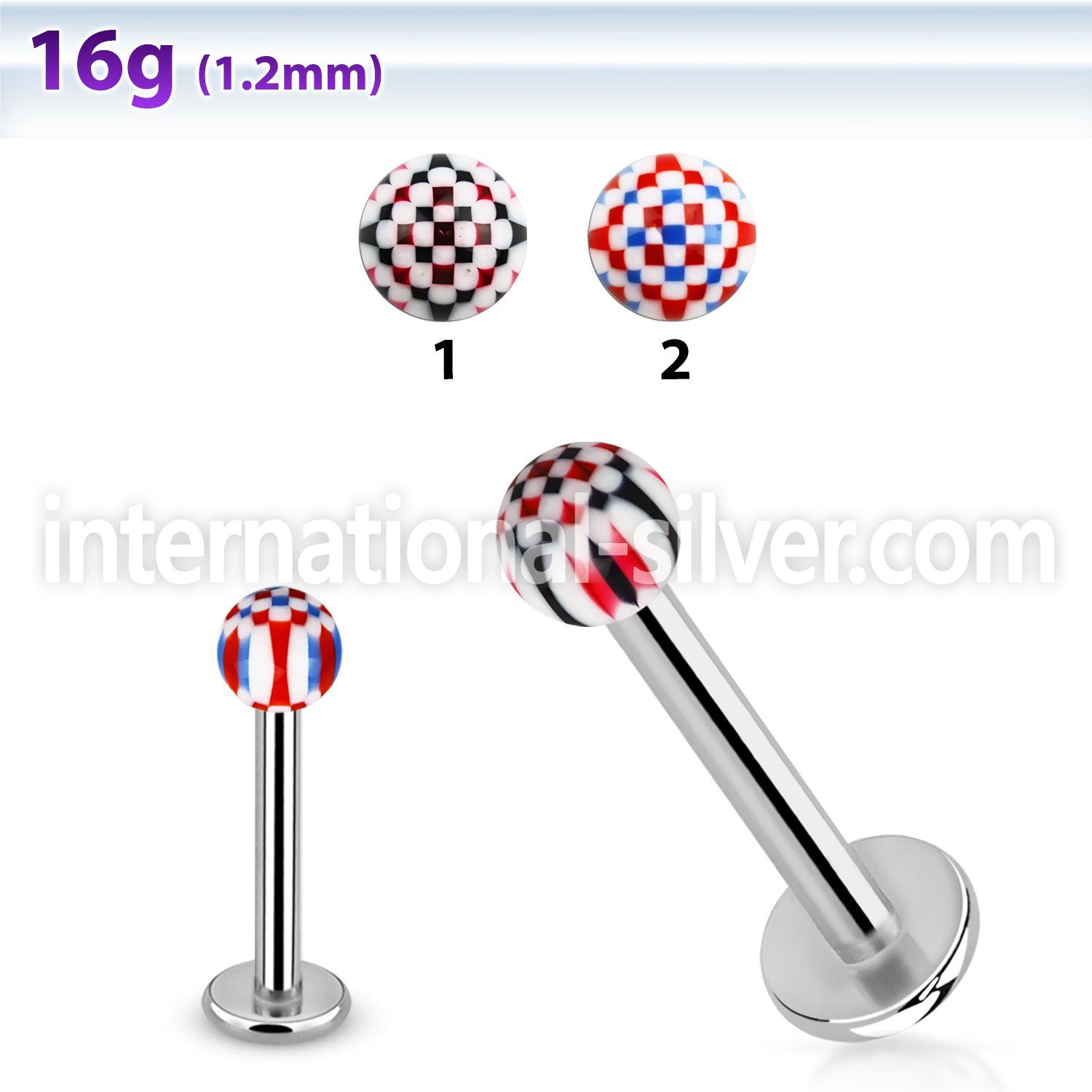 lbdxu steel labret w a 3mm acrylic ball w checker pattern