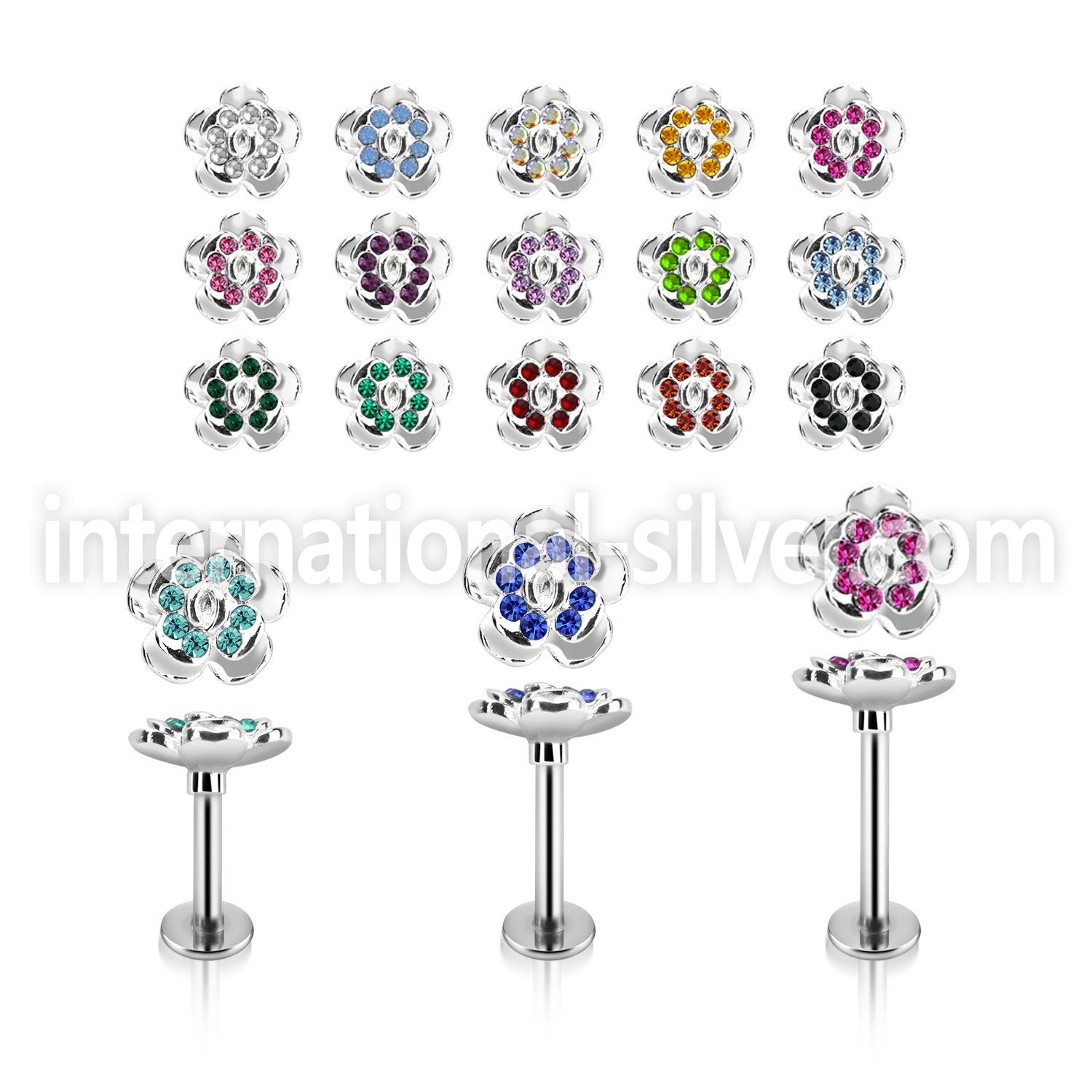 lbfw2c steel labret w a crystal flower upper part