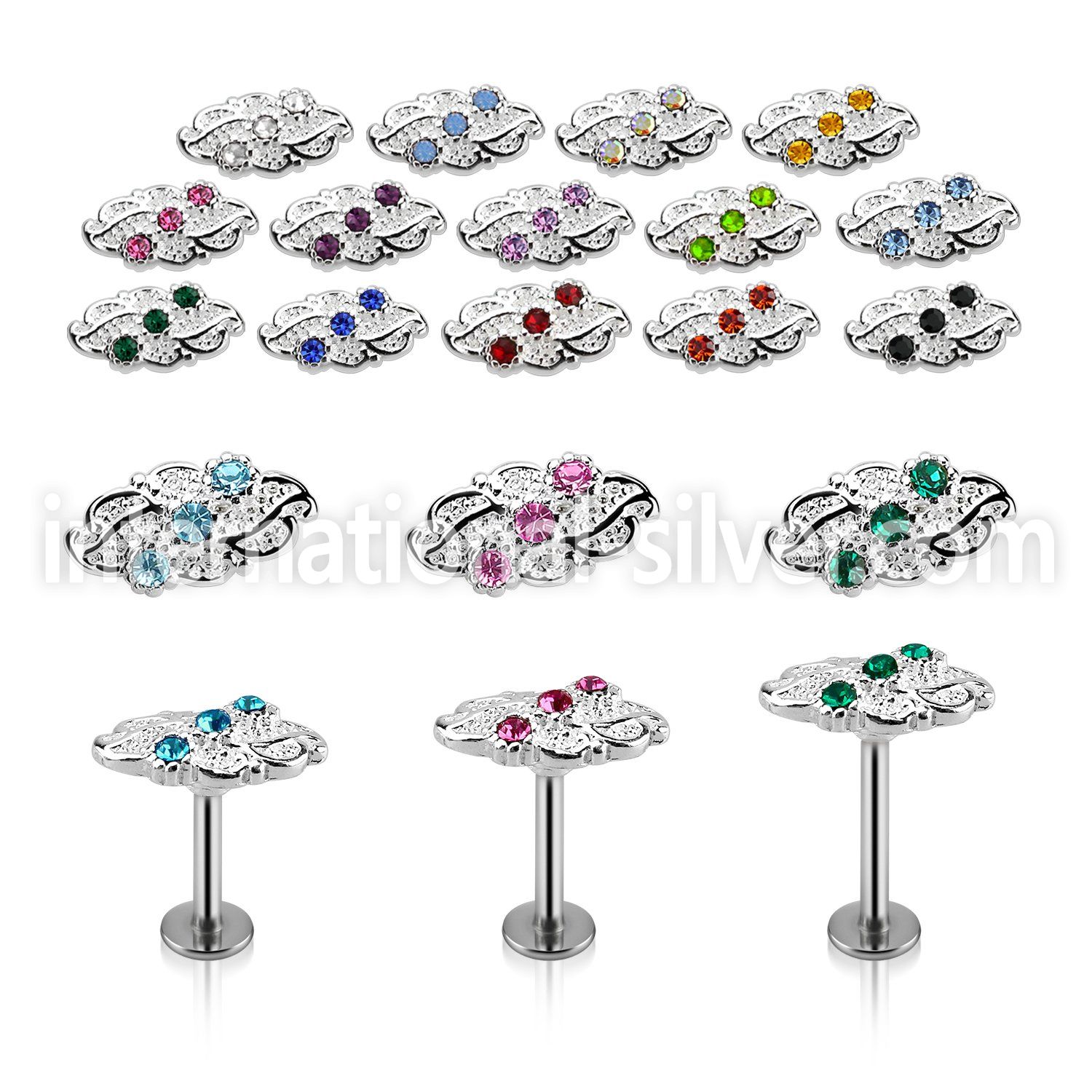 lbfw4c steel labret w a leave upper part w three crystals