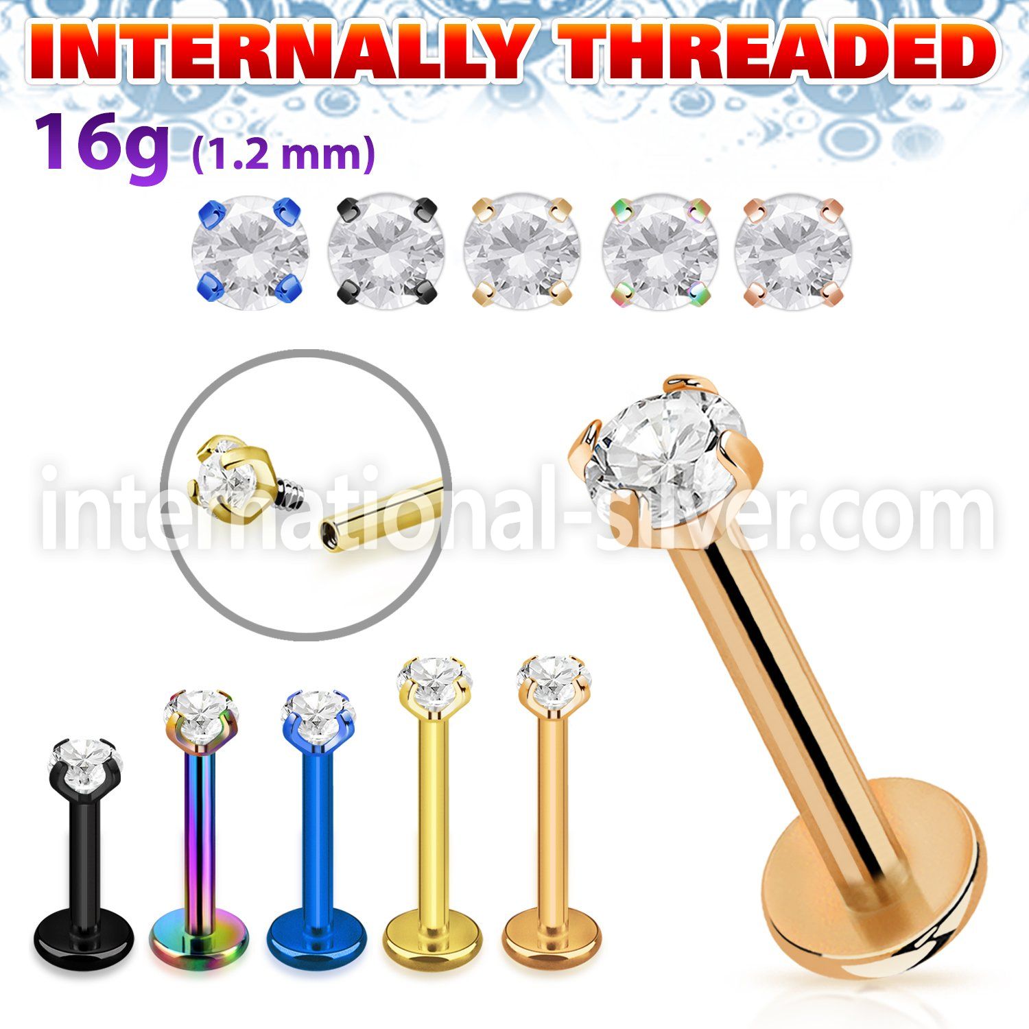 lbtczin pvd plating steel labret stud 16g prong cz internal