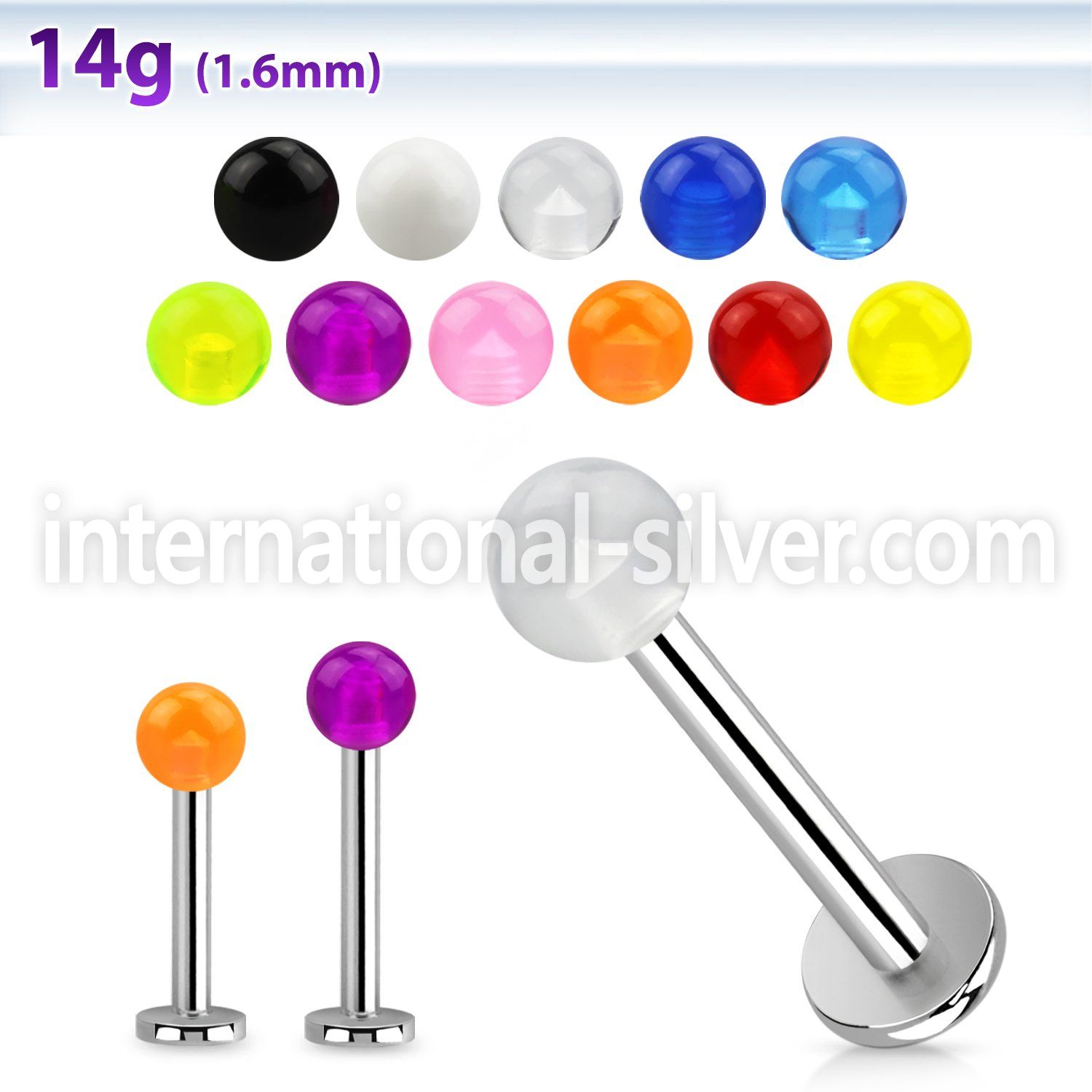 lbuvb4 steel 14g labret stud acrylic uv reactive ball