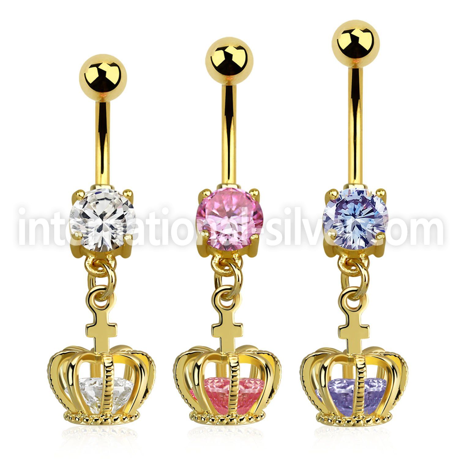 mdgz590 gold steel belly banana w cz dangling crown w cz