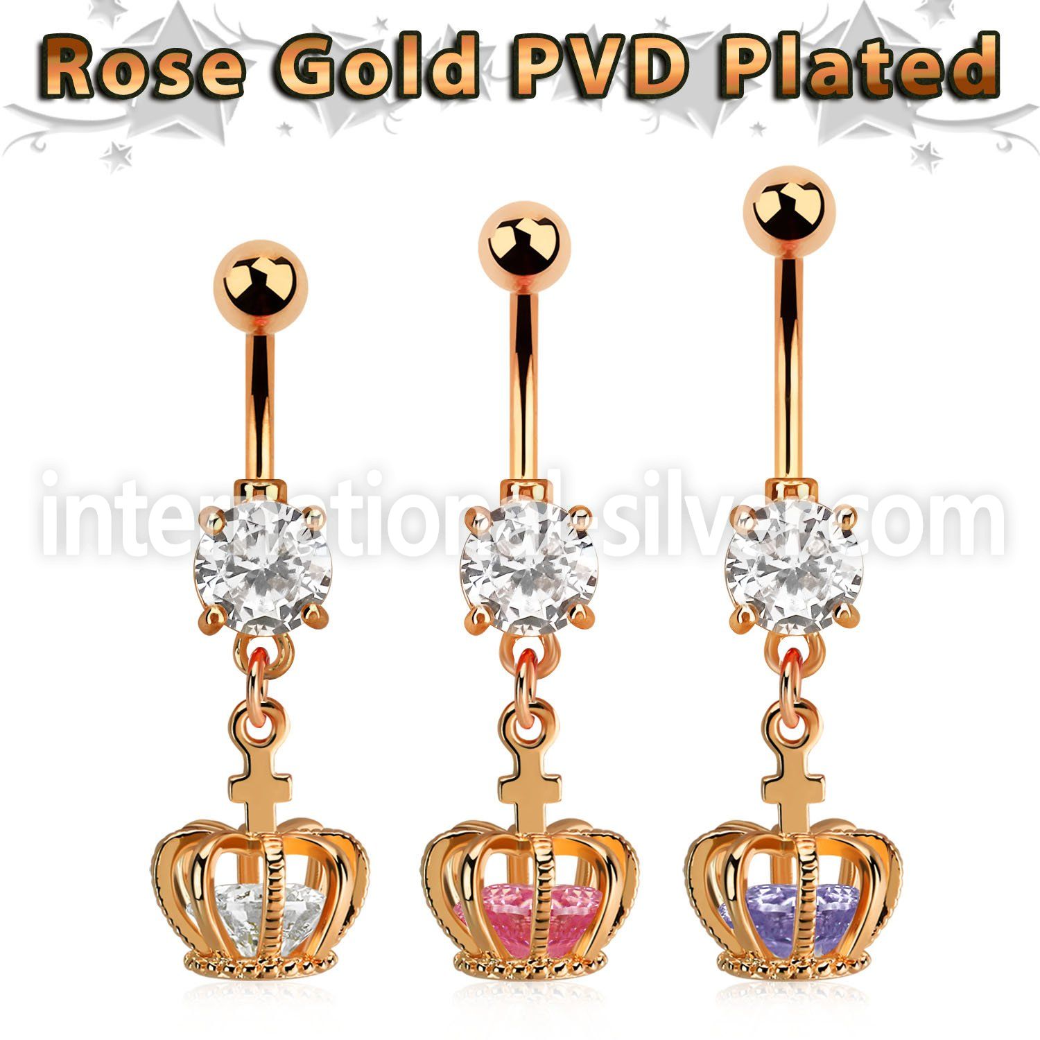 mdrz590 rose gold steel belly banana w cz dangling crown w cz