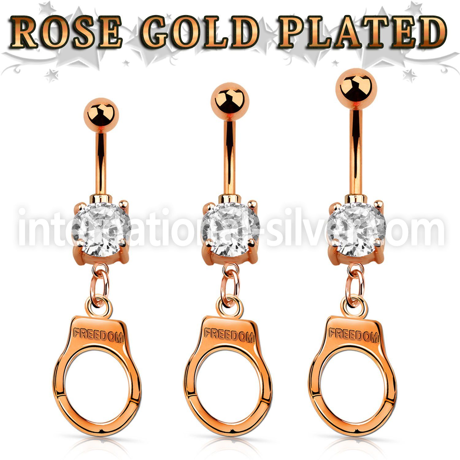 mdrz765c rose gold steel belly banana w cz dangling handcuff